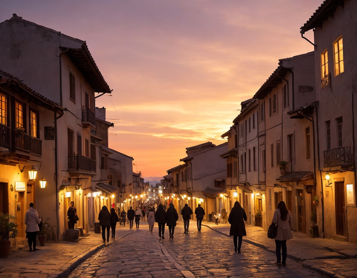 古代からのギリシャの美しい街並み＆綺麗で幻想的な夕日の癒しの写真背景画像素材