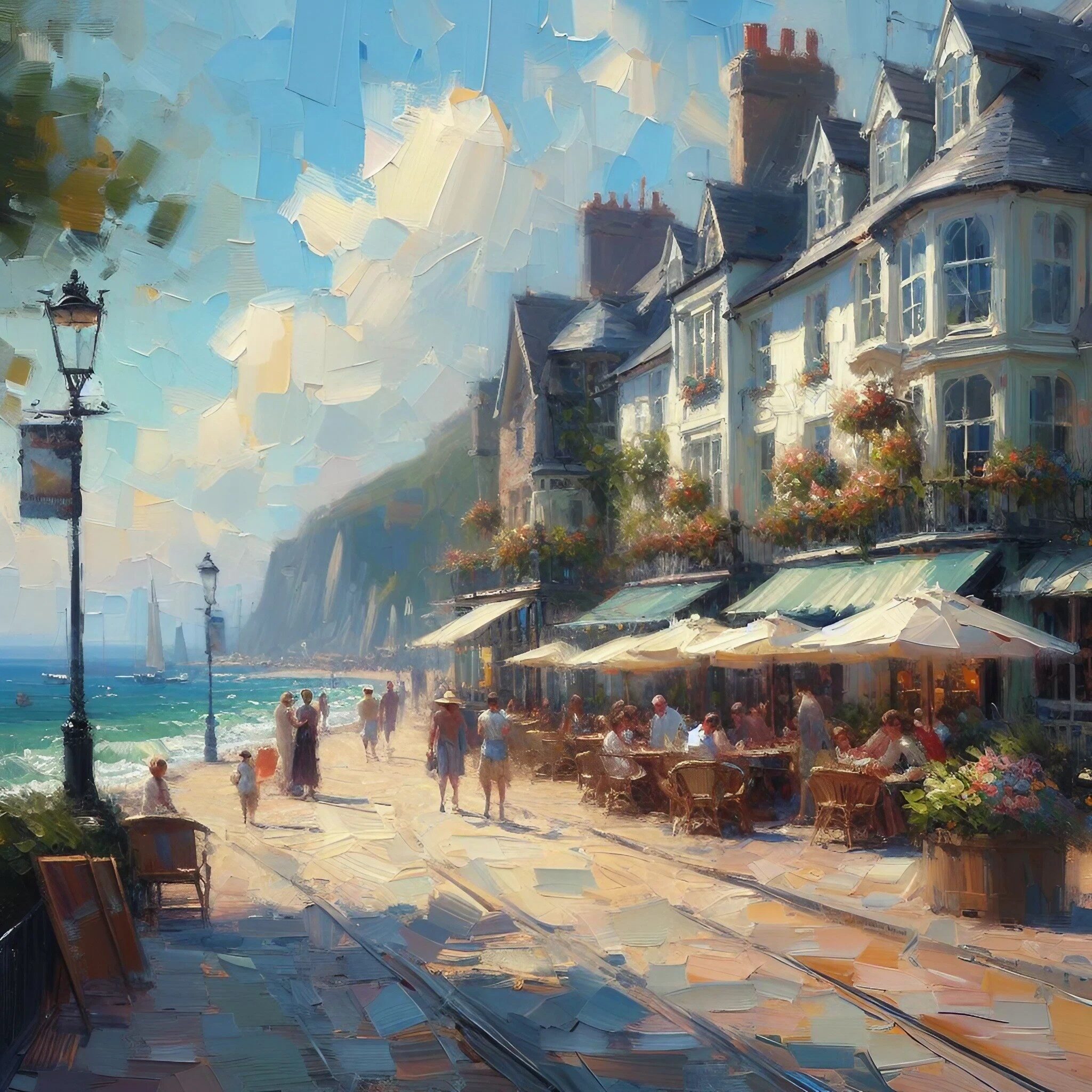 夏の海岸沿いのヨーロッパの街＆オシャレな人々と綺麗な青空の無料イラスト画像素材