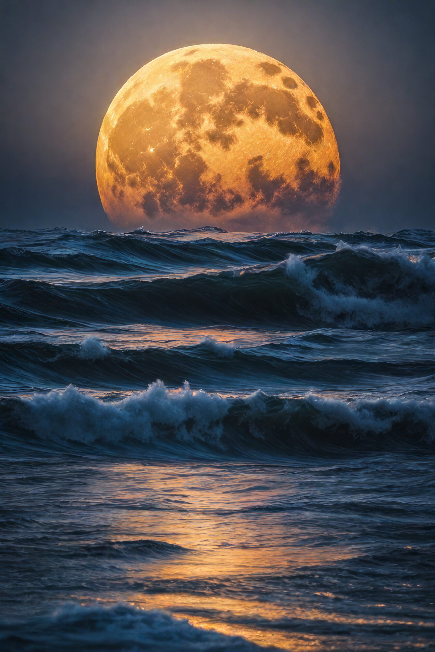 夜空に輝く大きな月と海と波の幻想的な風景＆癒しのスマホ壁紙リアル写真風素材