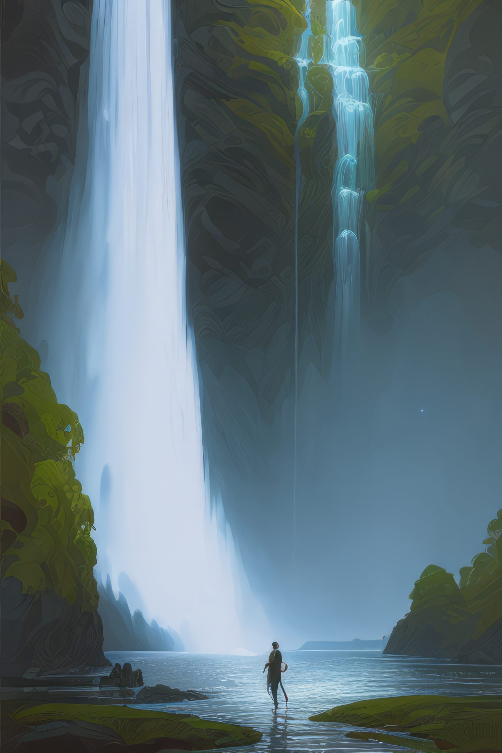 山の中の旅人と巨大な滝＆綺麗なアニメ風の癒しの無料スマホ壁紙イラスト