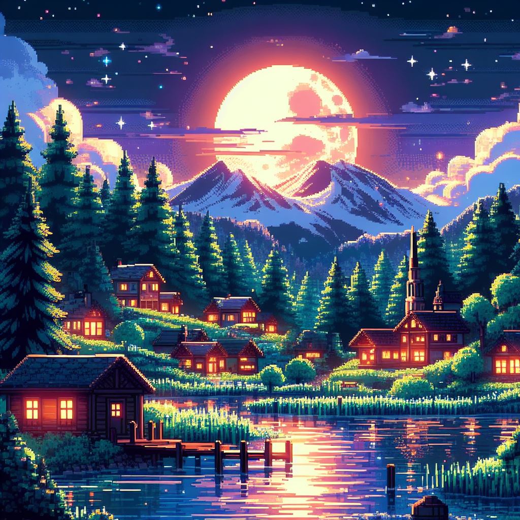幻想的で神秘的な月のピクセル画像＆ファンタジーな星空と田舎の風景のファミコン風のドットの無料イラスト素材