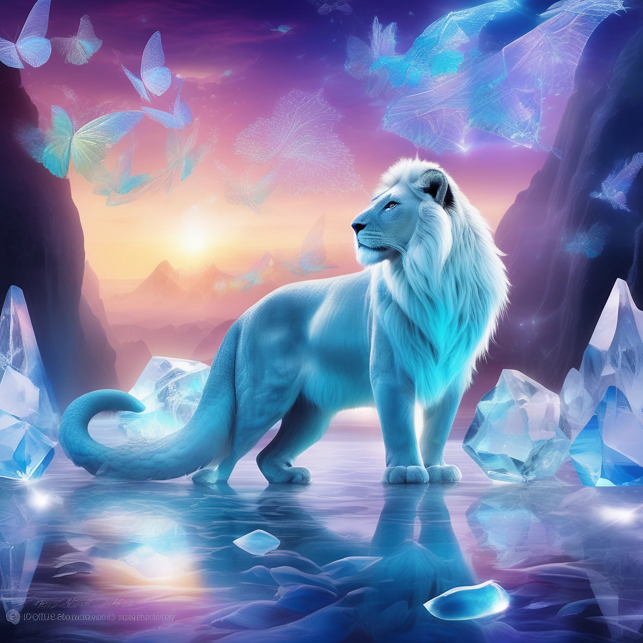 幻想的で美しい白いライオン＆神聖な聖獣の癒される無料リアル画像素材