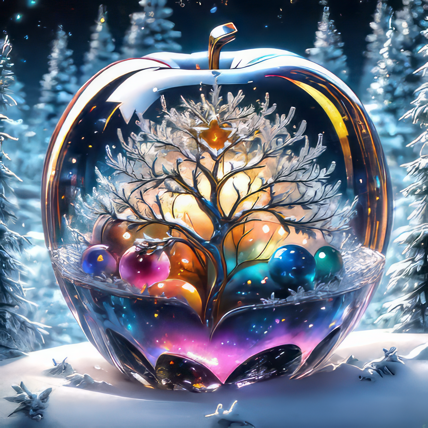 幻想的な雪景色が映り込むガラスのリンゴのかっこいいファンタジー風のリアルフリーイラスト素材