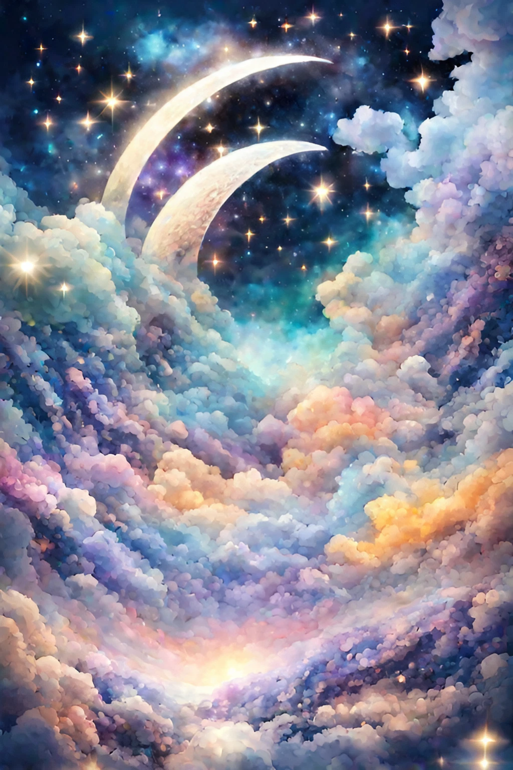 流れる美しい雲と癒しのファンタジーでメルヘンな夜空の星と大きな月リアルの無料イラスト画像素材