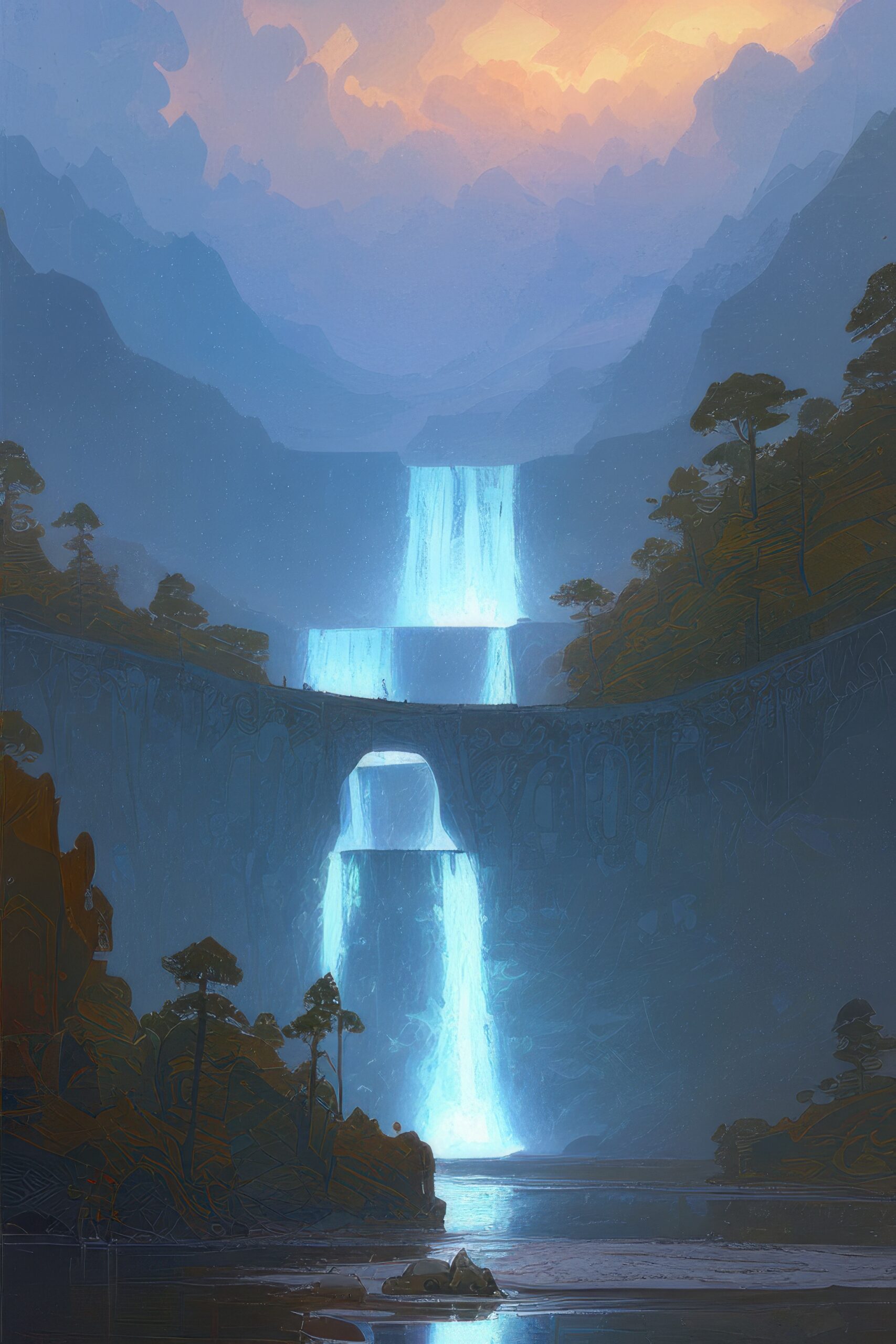 流れ落ちる滝と夕日に輝く山と川の神秘的なファンタジー風無料アニメ画像素材