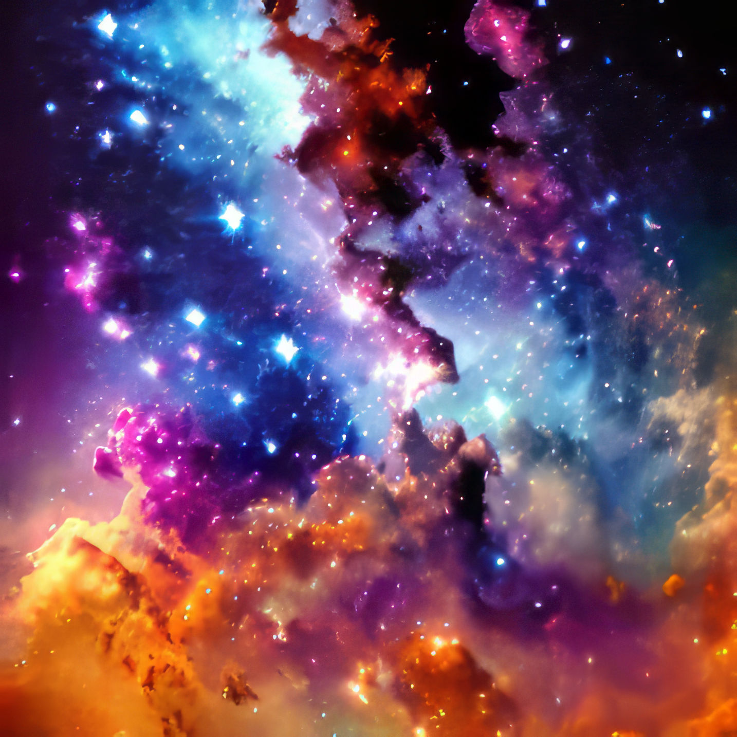 煌めく美しい夜空の星々とカラフルな銀河と雲の幻想的で神秘的な癒しの風景の無料画像素材