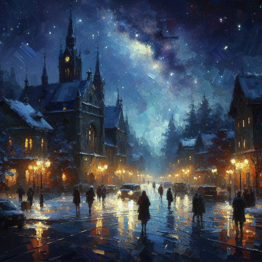 神秘的な夜の天の川と駅前の灯り＆綺麗な星空と癒される街の風景の無料壁紙画像素材