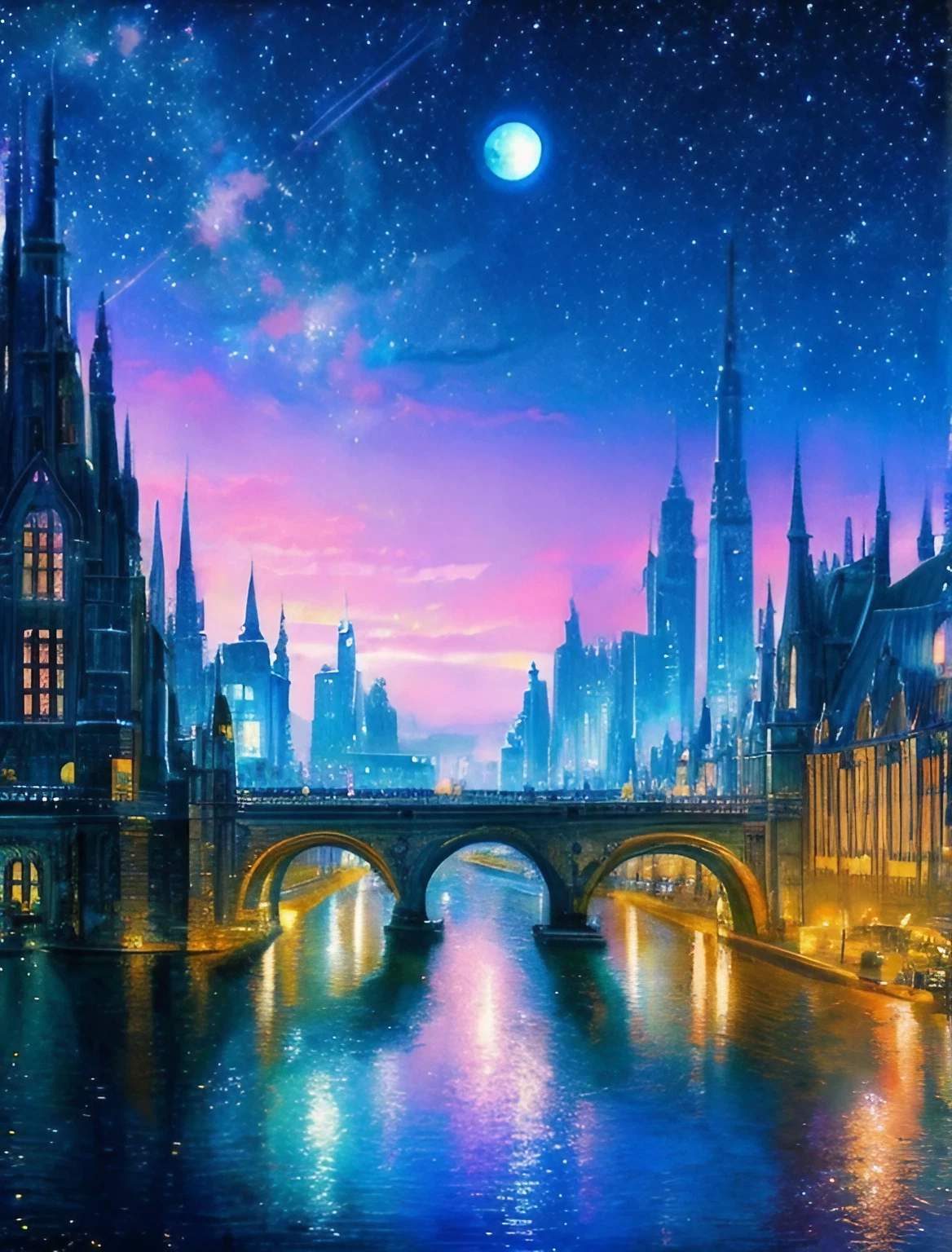 神秘的な月とヨーロッパのかっこいい街並み＆美しく綺麗な星空のフリーイラストのスマホ壁紙素材