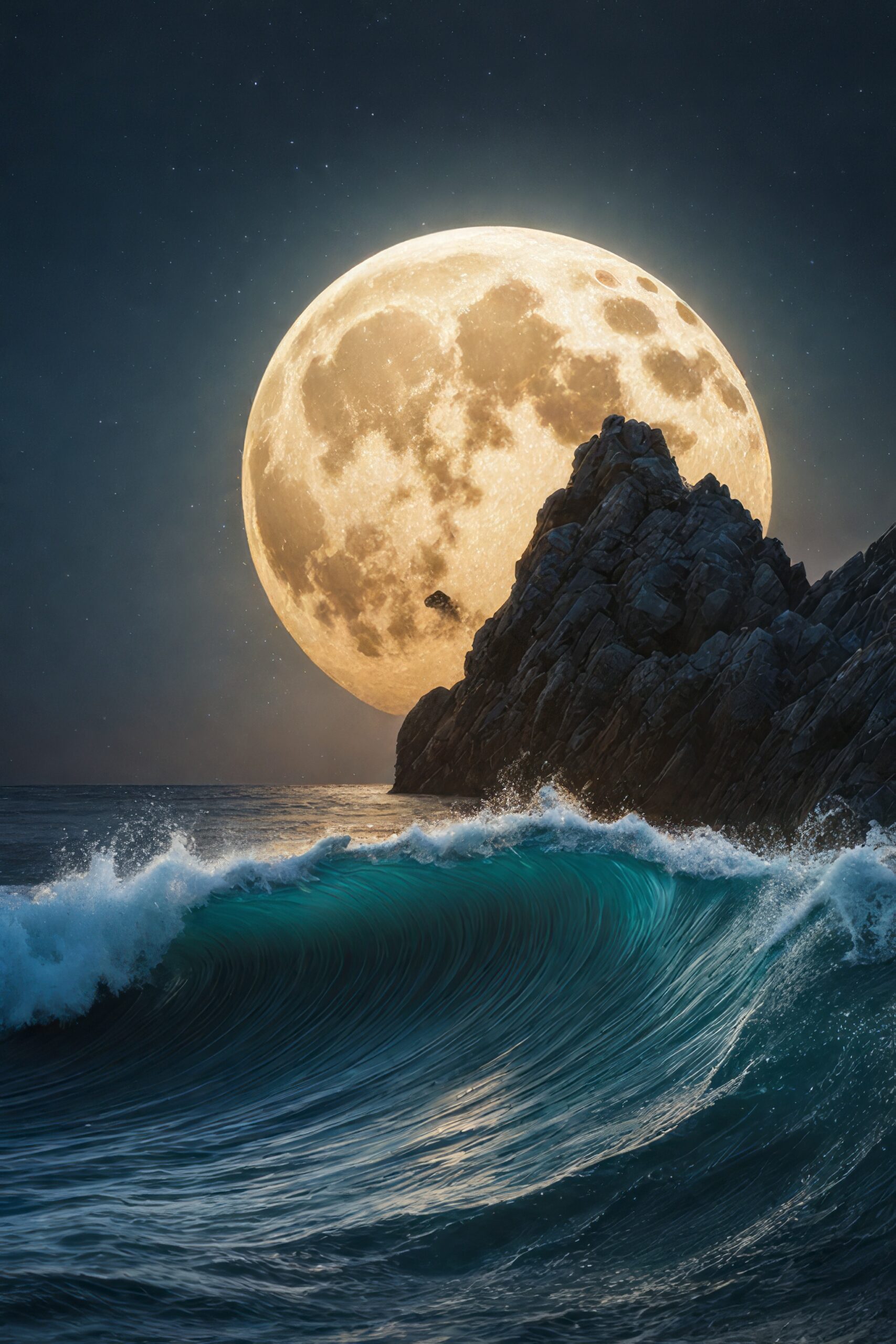 神秘的な月夜と美しい海と岬の波リアル写真風画像素材