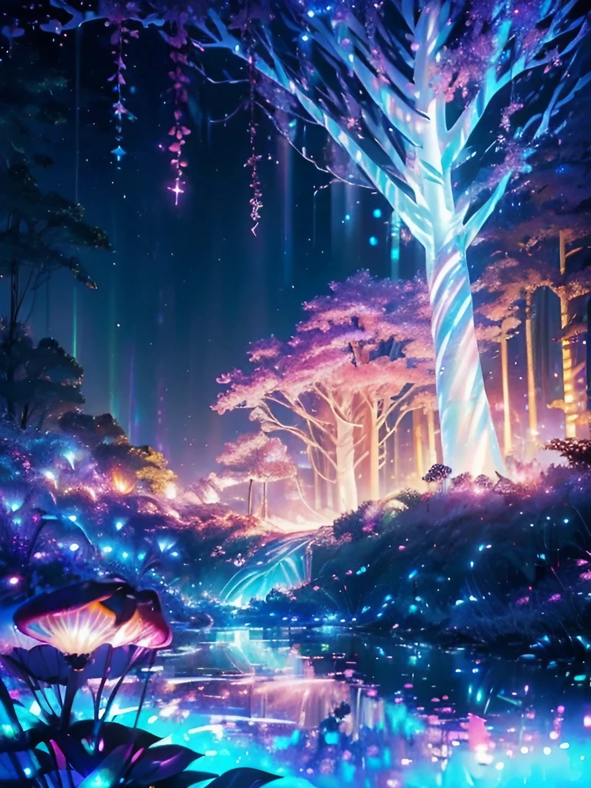 神秘的な木々と虹色の夜空＆妖精と蛍の光の癒しの無料背景素材画像