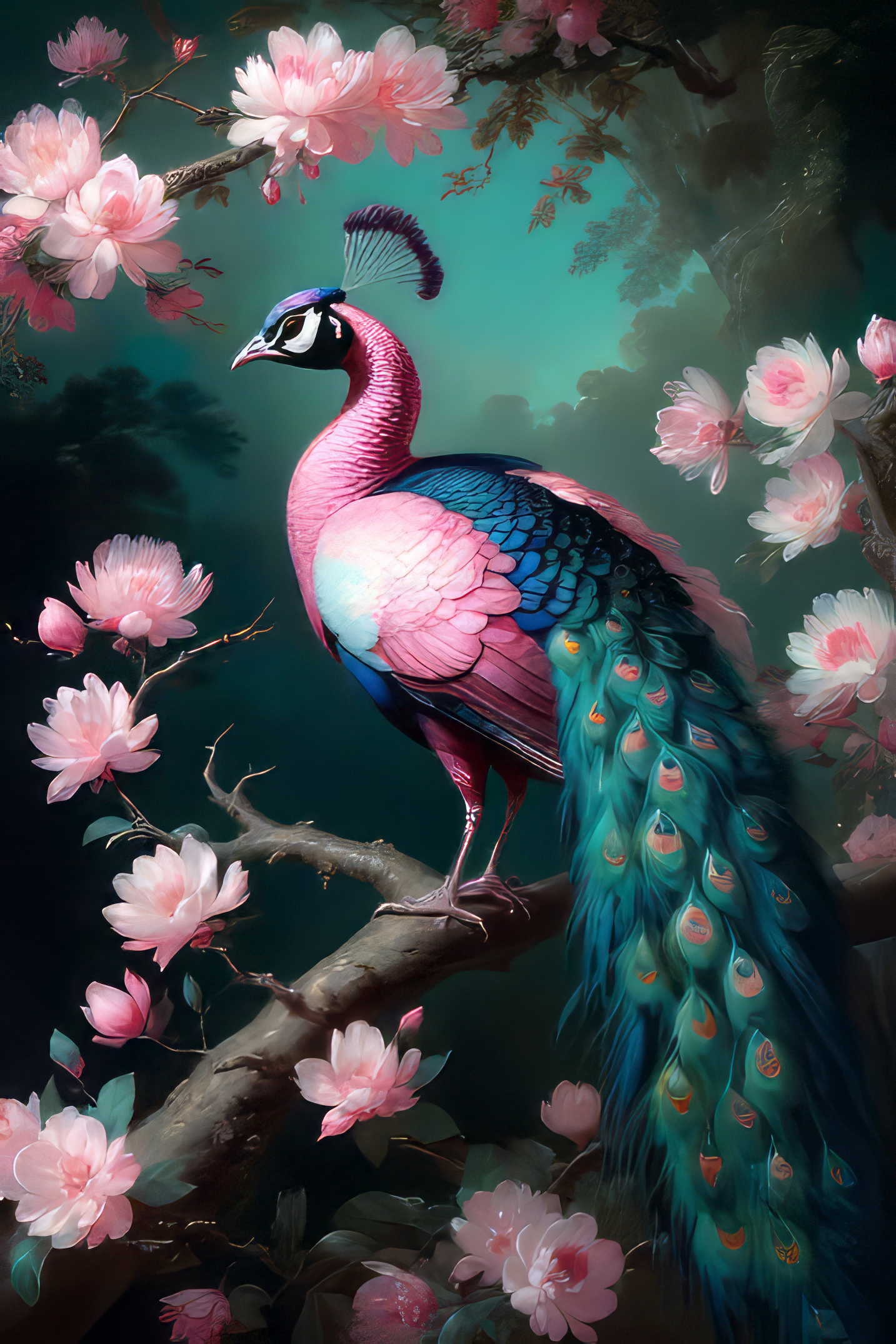 綺麗でかわいいピンクとカッコイイ青色の優雅な孔雀と花々の油絵風のリアルなフリーのイラスト