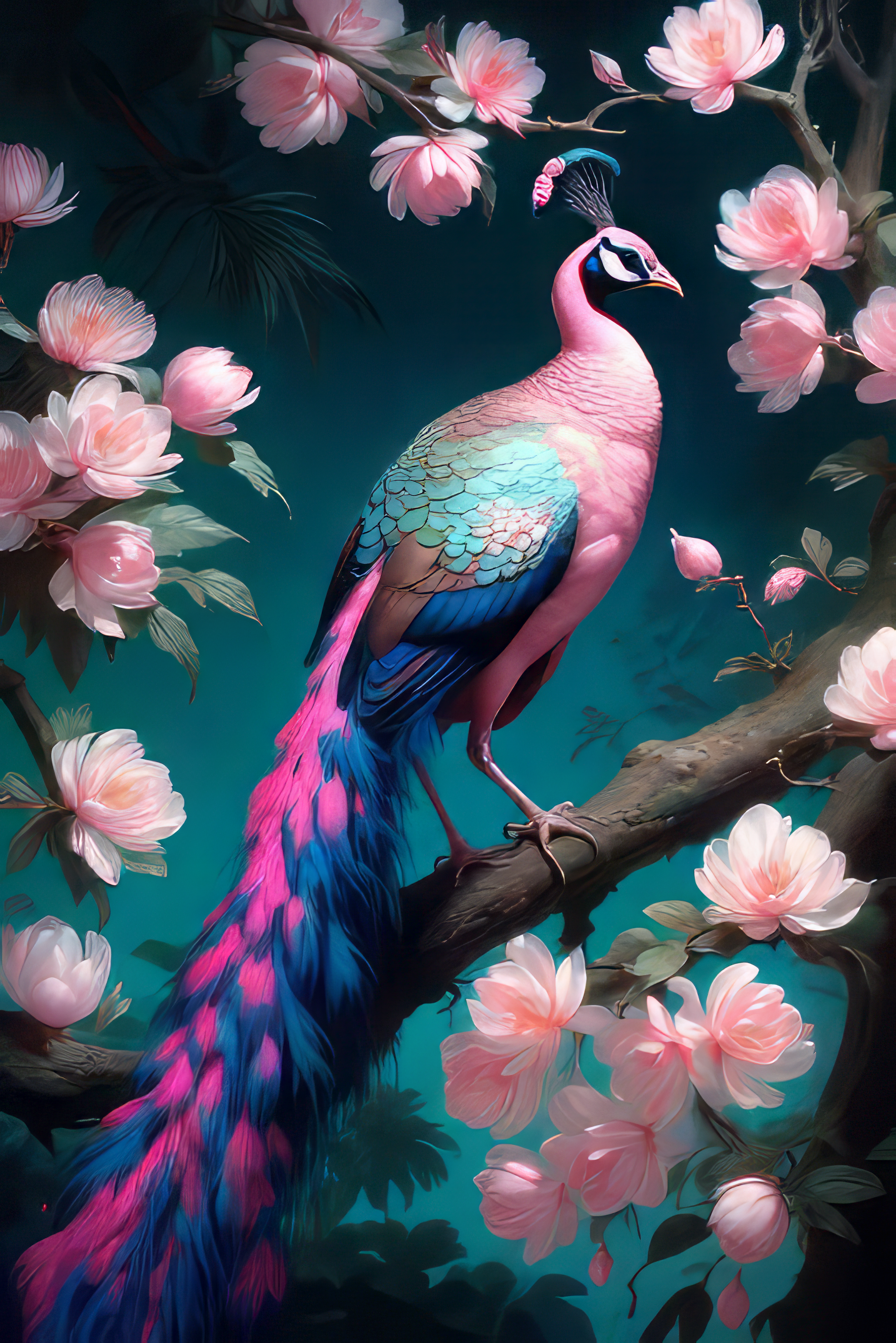 綺麗で美しい長い尾の孔雀とピンクの花の木にとまる鳥の無料油絵風のスマホ壁紙