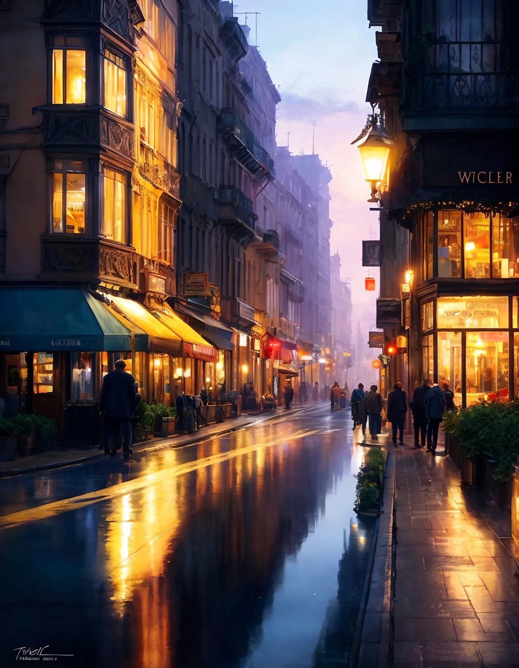 綺麗なヨーロッパのブティック街の夕焼け空＆美しいショッピング店の灯りと夕焼けの癒しのフリースマホ壁紙素材