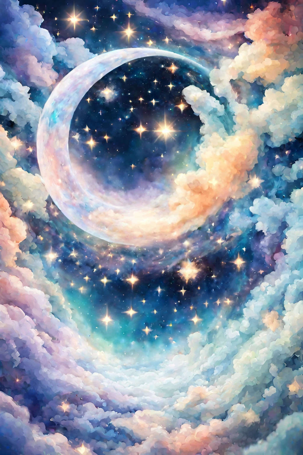 綺麗な三日月と癒しのファンタジーな夜空の星の無料イラスト画像素材