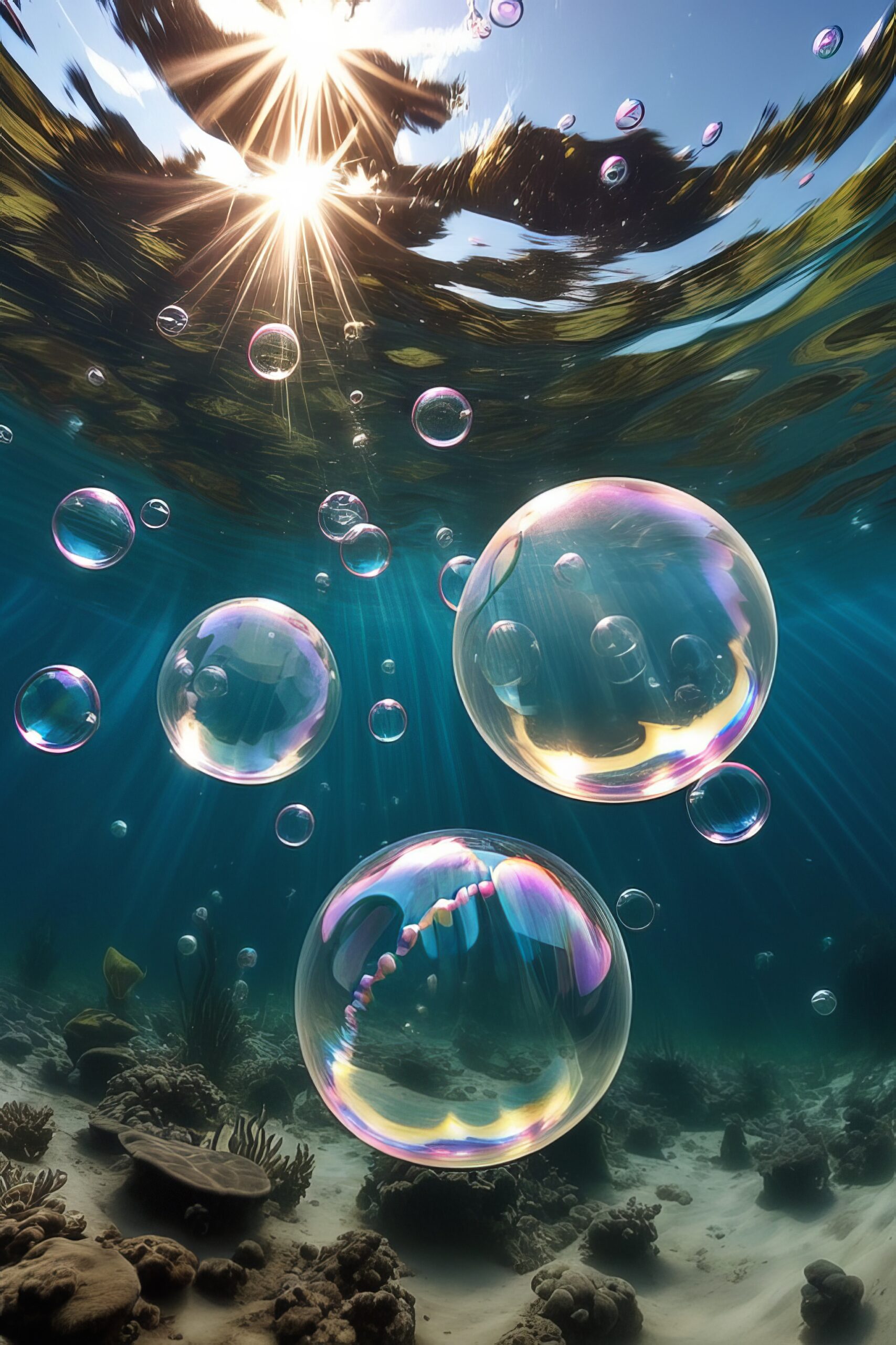 綺麗に舞う海中の泡と虹色に輝くシャボン玉と太陽光の無料写真風スマホ壁紙素材