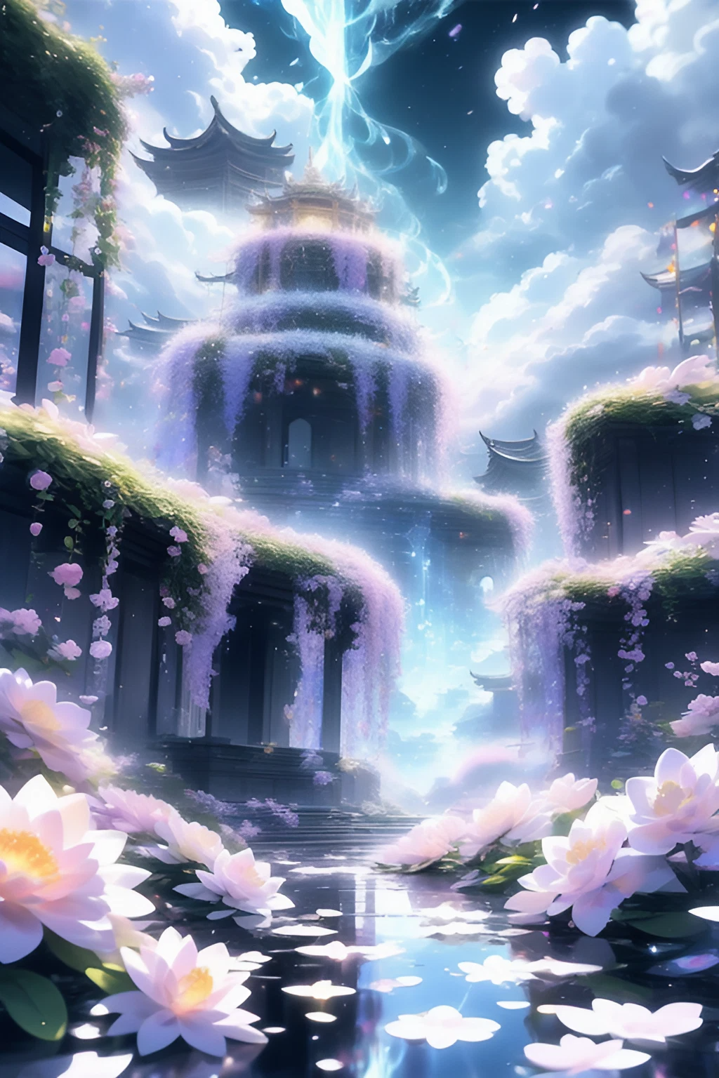 美しいお城の滝と雲と流れる川＆夜空と花々の幻想的なアニメ風のフリーイラストスマホ壁紙