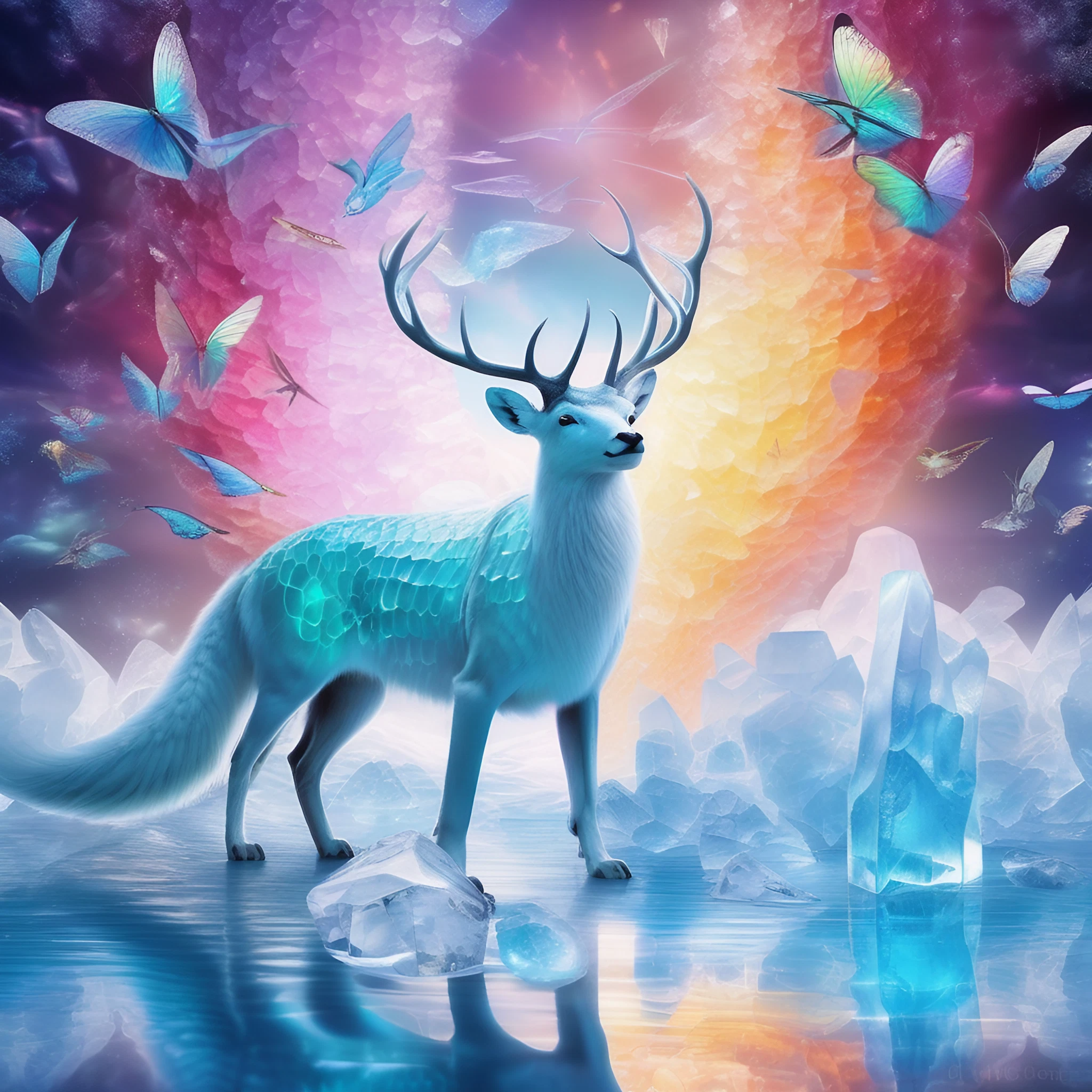 美しいガラスの神秘的な白い鹿＆オーロラと氷の美しい神聖な癒しの無料画像素材