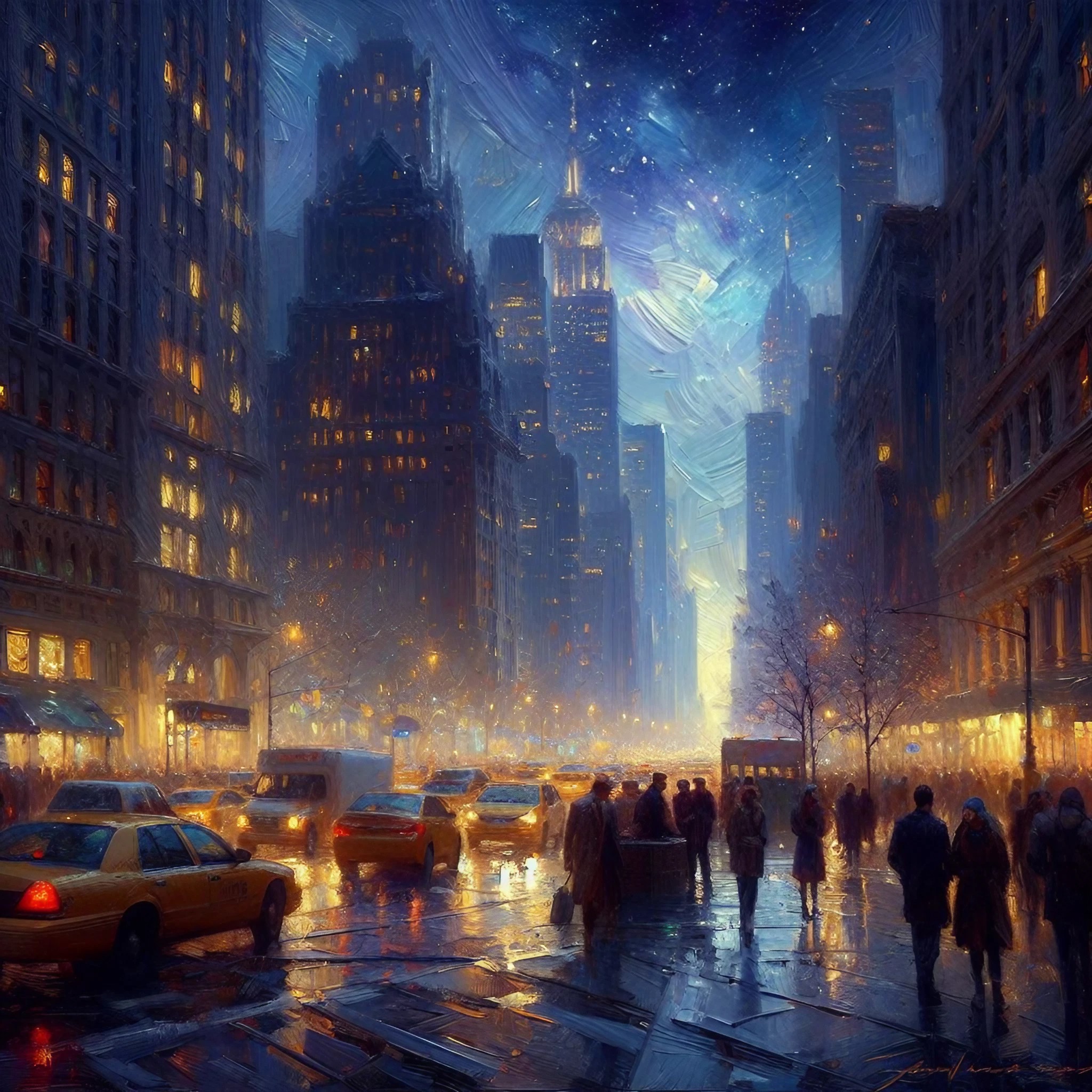 美しいニューヨークの夜空＆かっこいい大都市のビルと癒しの無料油絵イラスト素材