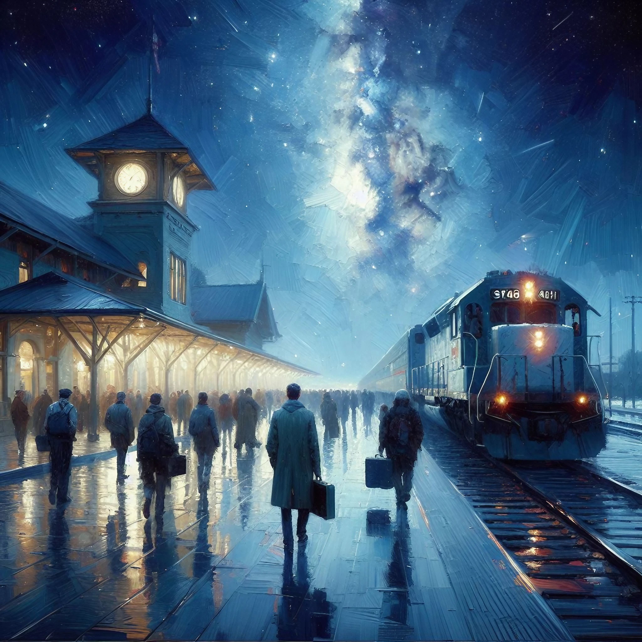 美しい夜空とヨーロッパの駅と電車＆綺麗な天の川の輝きの癒しのフリー背景画像