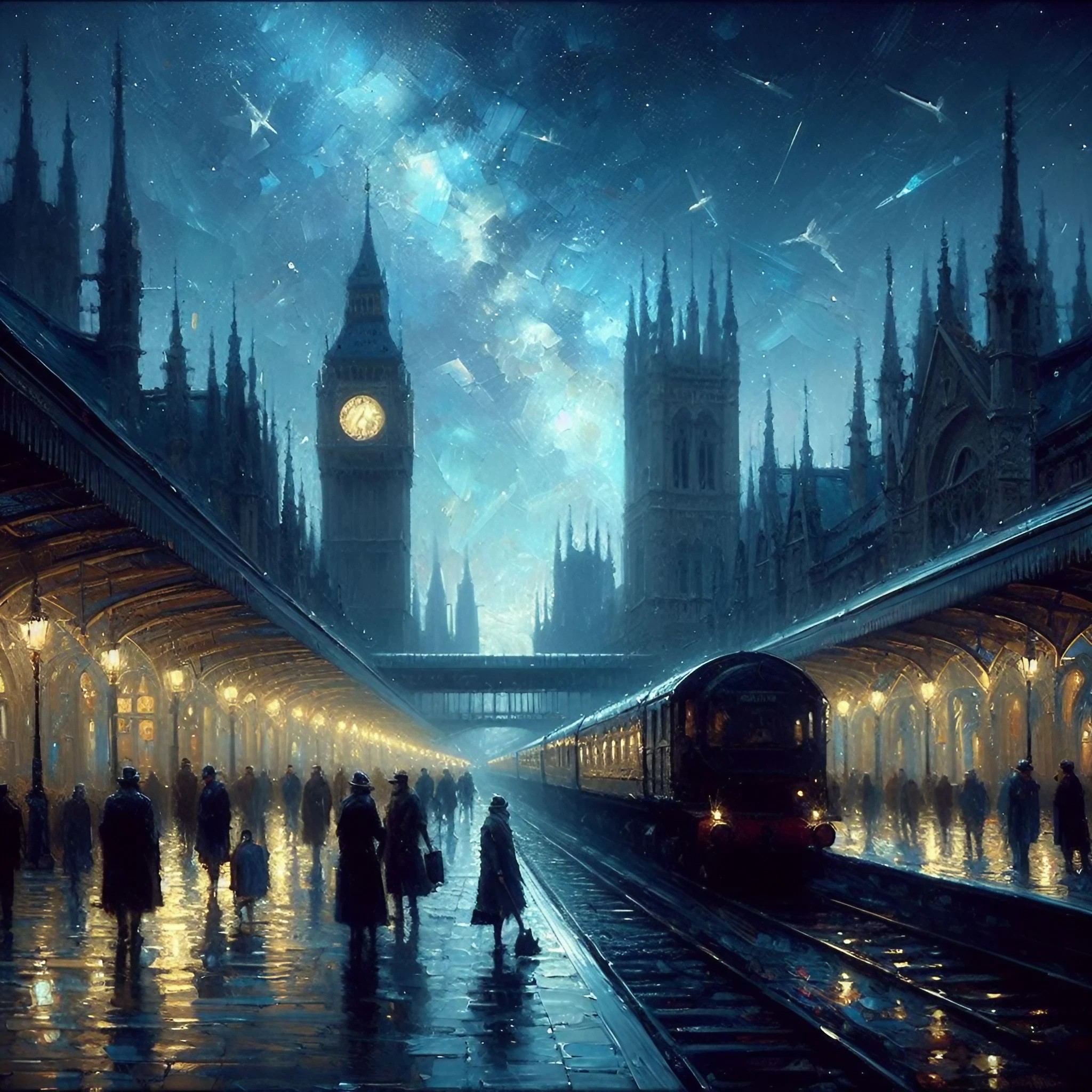 美しい夜空と星のヨーロッパの駅＆天の川に輝く時計台と列車の癒しの風景の無料イラスト画像素材