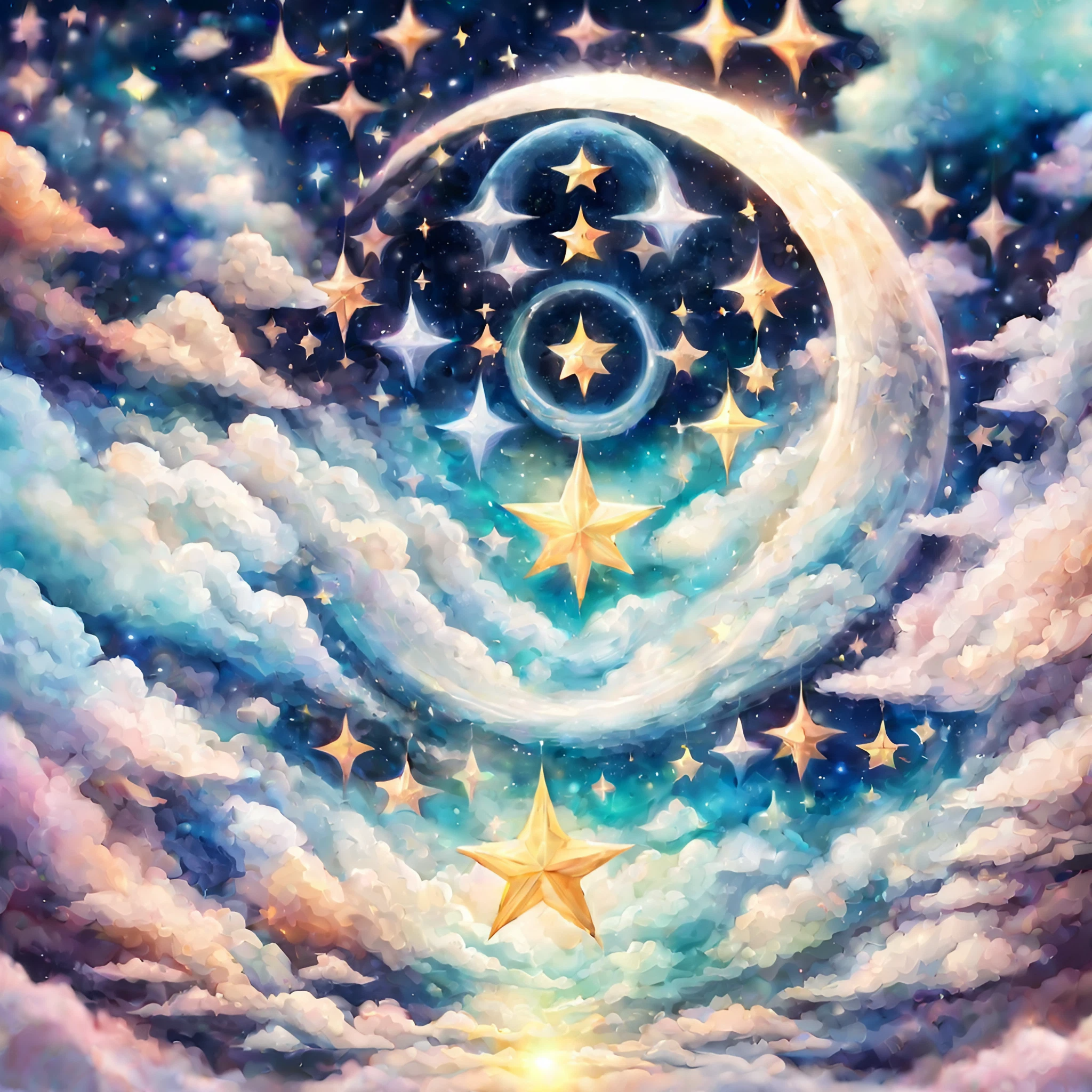 美しい夜空と煌めく星と大きな月のファンタジー風のかわいい癒しの無料イラスト画像素材