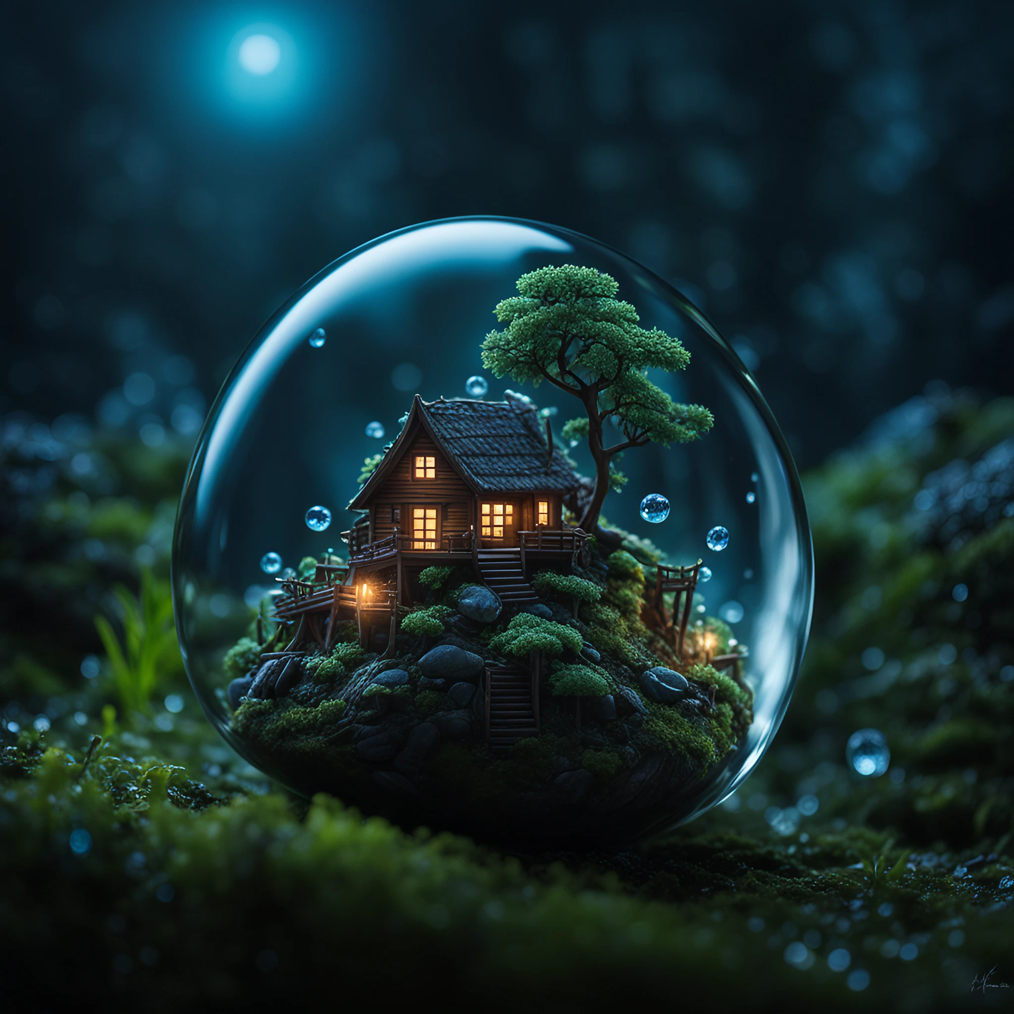 美しい宝石のようなミニチュアの家＆綺麗で幻想的な月明りと自然の無料リアル画像素材