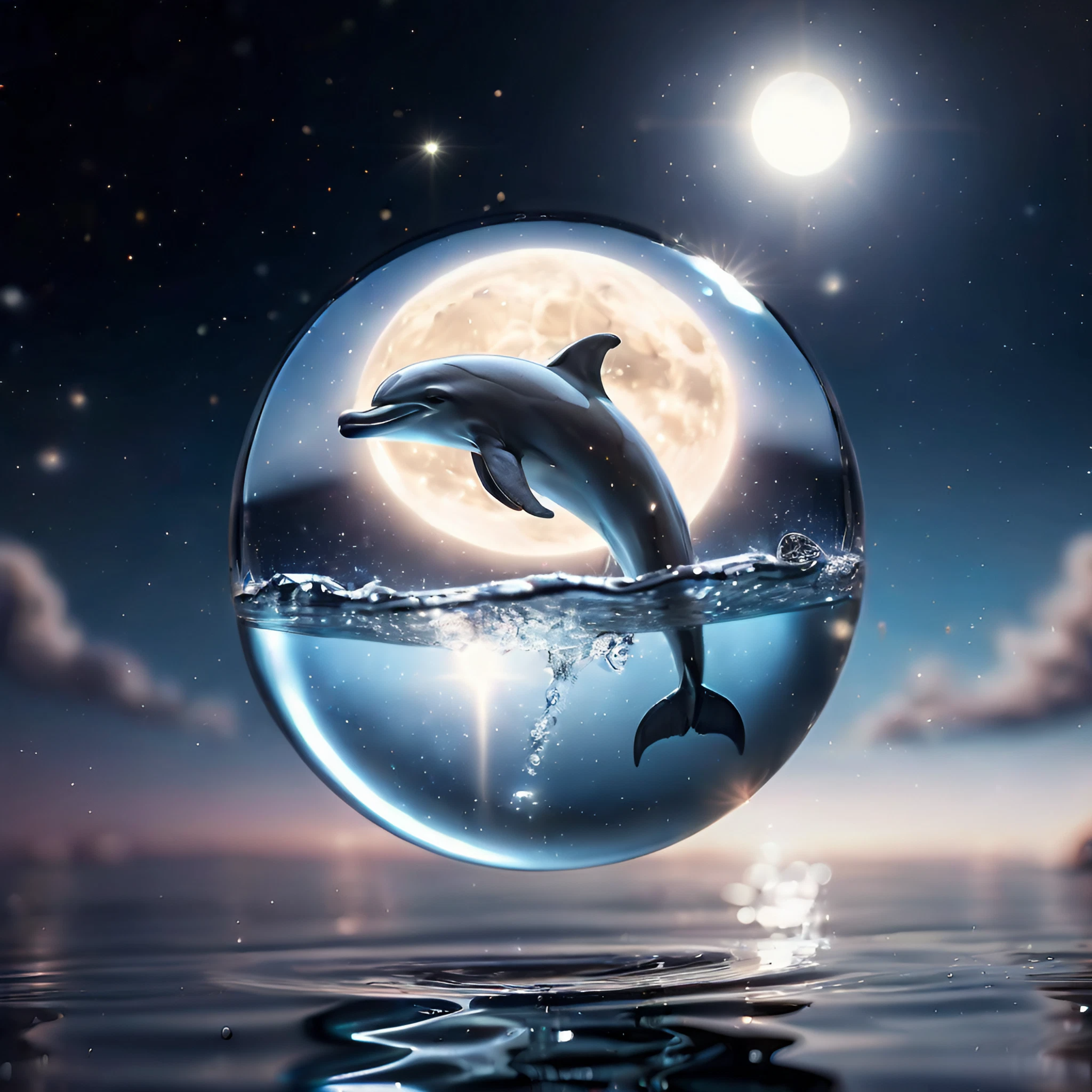 美しい水玉の中のイルカ＆綺麗な月夜と海の幻想的な光景とドルフィンの無料背景素材