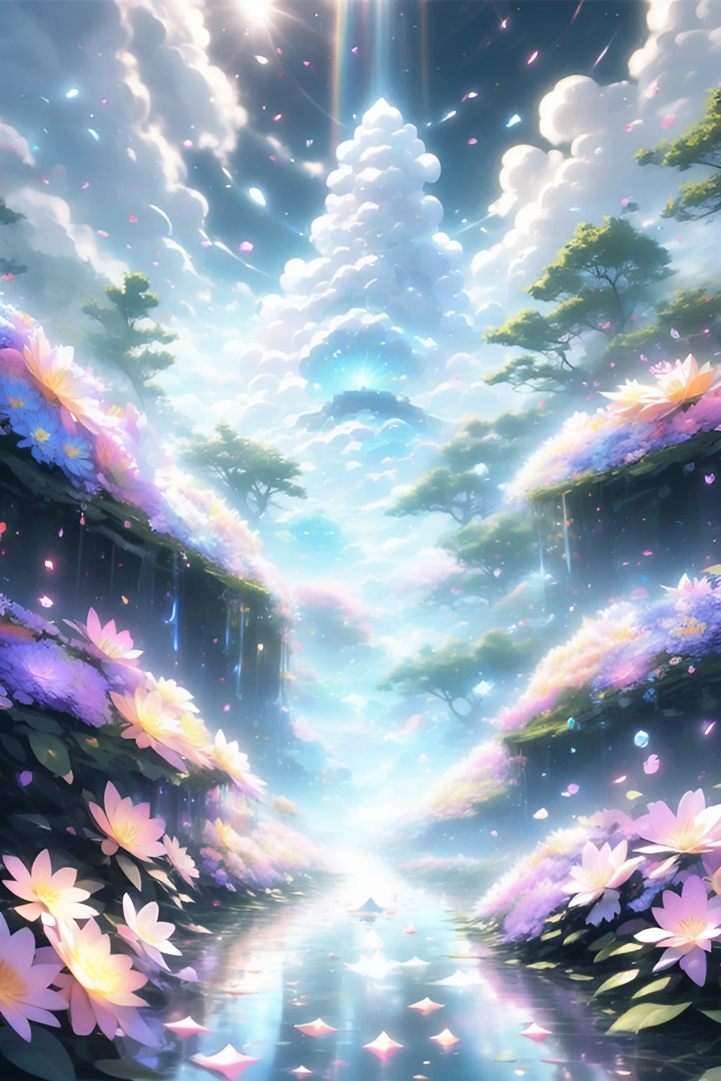 美しい花々とファンタジーな噴水とお城と雲＆美しい夜空の幻想的なアニメ調のスマホ壁紙