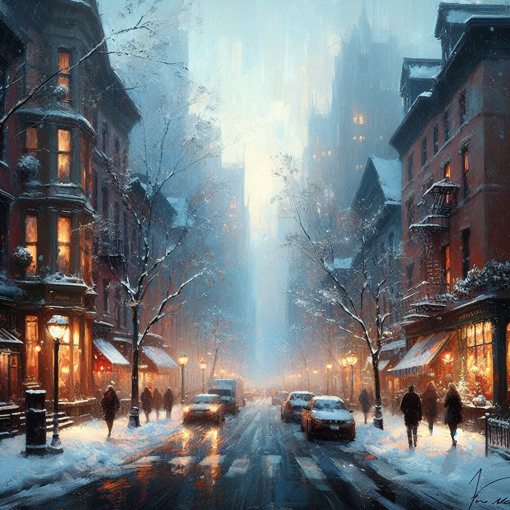 美しい雪のヨーロッパの市街地＆癒される油絵の綺麗な風景のフリーイラスト素材