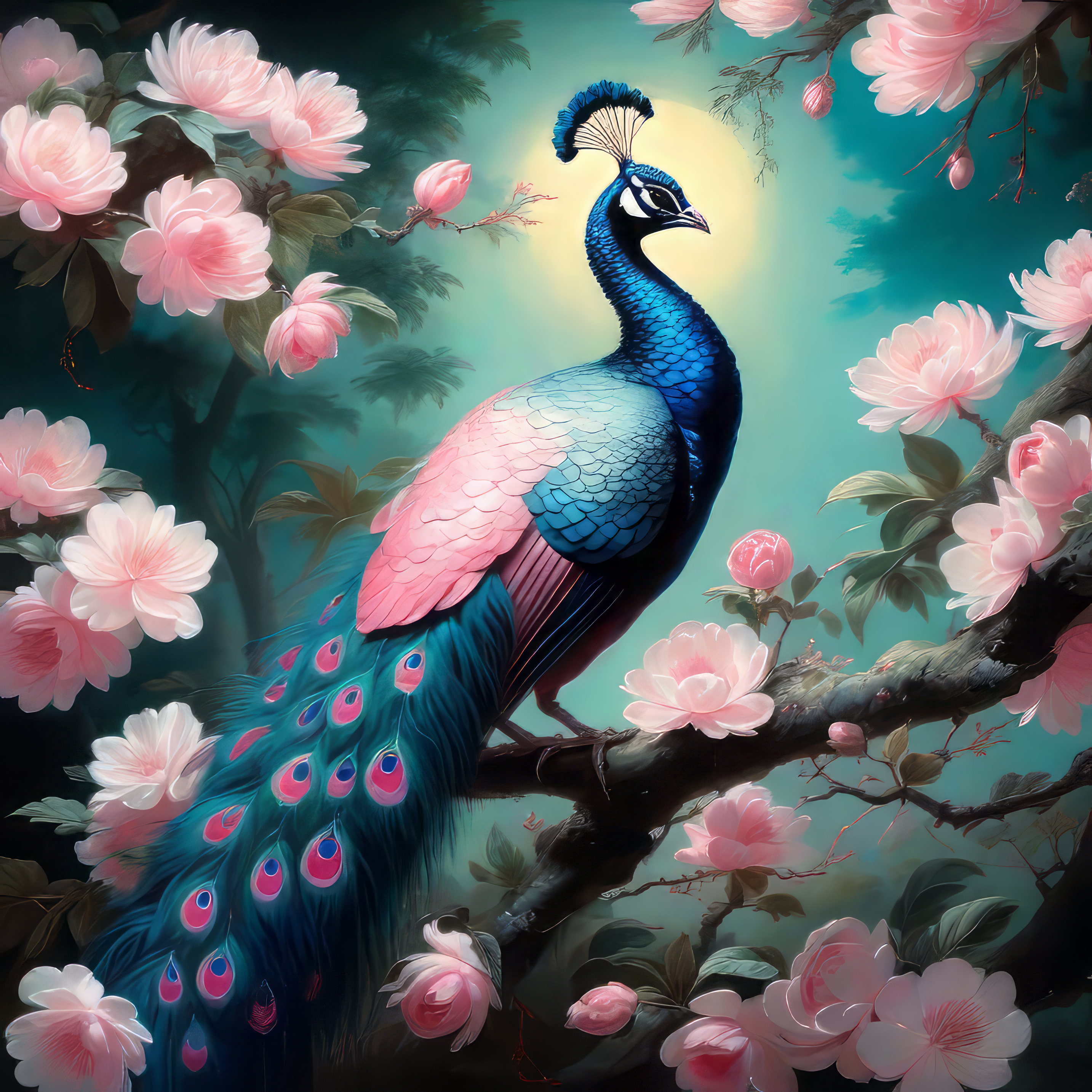 美しくかっこいい青い孔雀と花々が咲く幻想的で綺麗な風景のスマホ壁紙