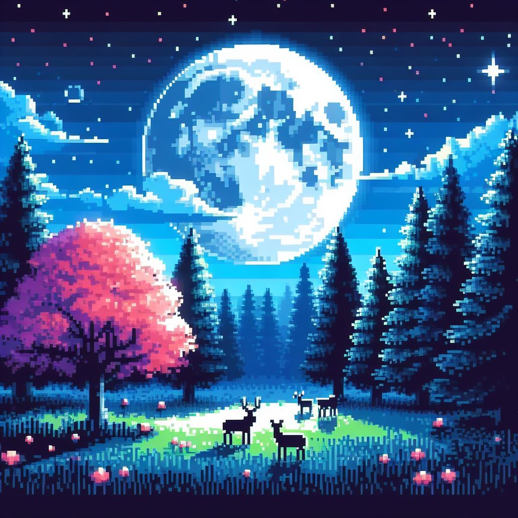 美しく幻想的な月夜と木々のピクセル画像＆綺麗な星空と動物の無料ドットのイラスト素材