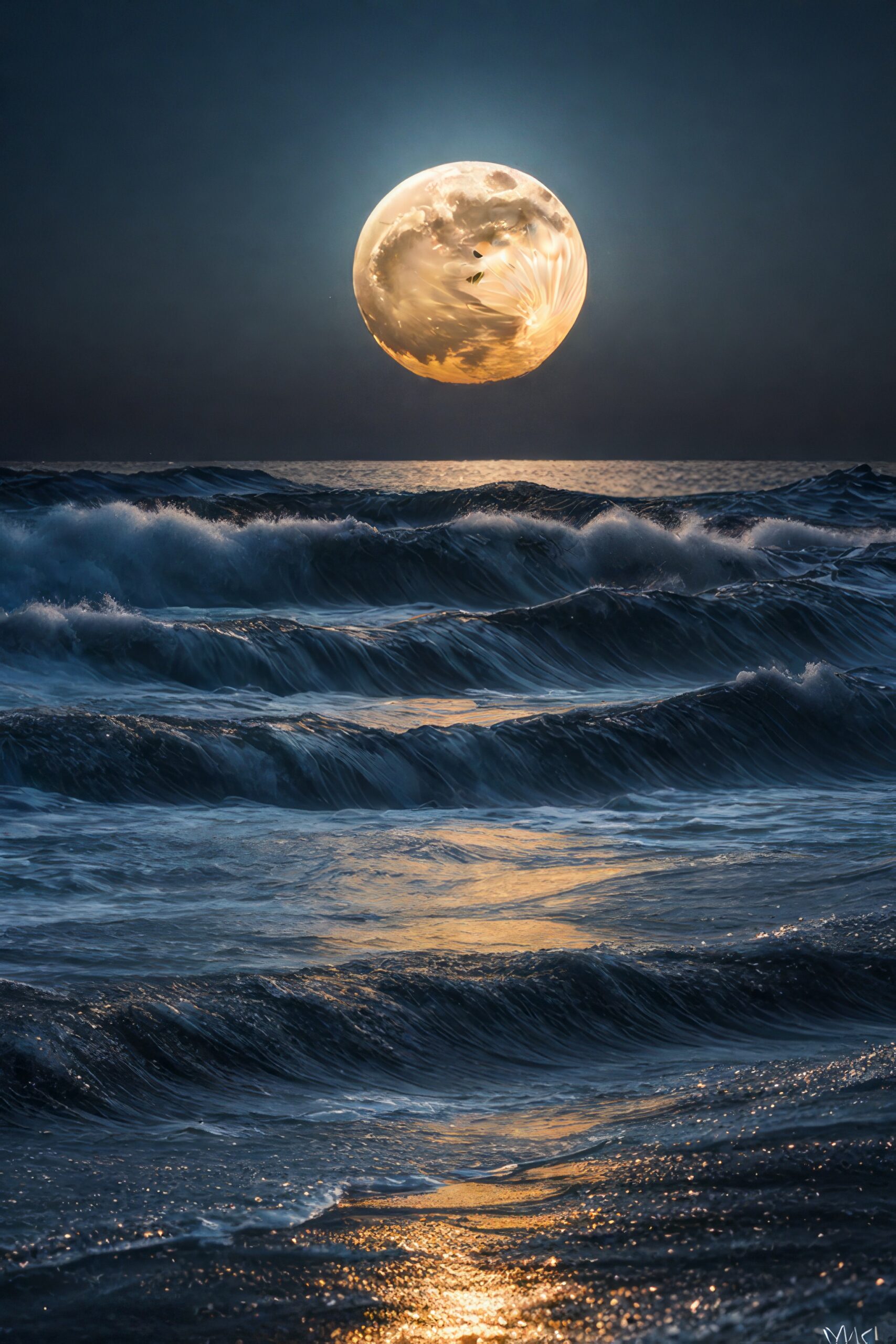 美しく輝く月と真夜中の海と静かな波の写真風無料画像素材