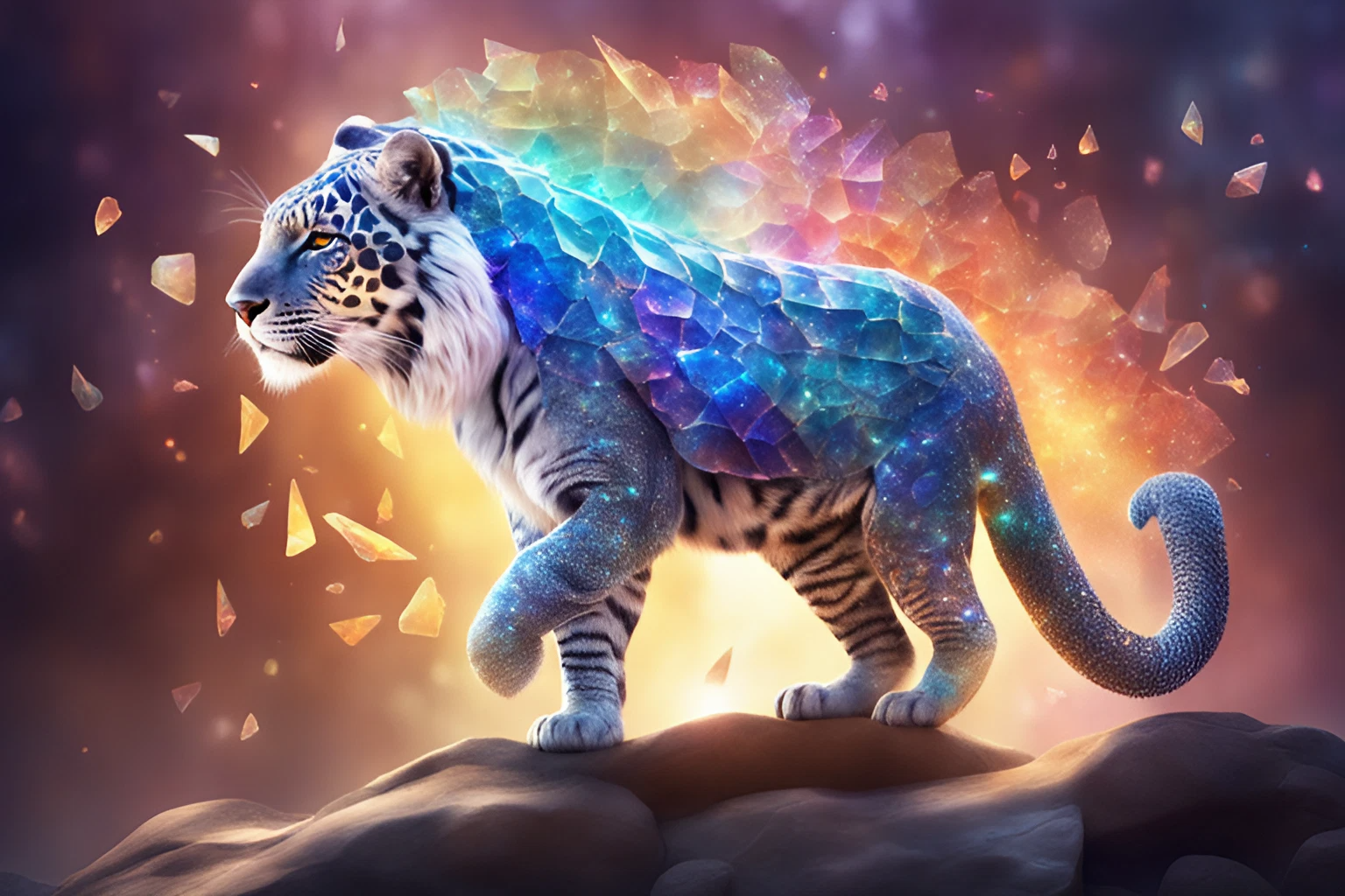 虹色のガラスのライオン＆かっこいい白い神秘的な癒しの動物の無料リアル写真風画像素材
