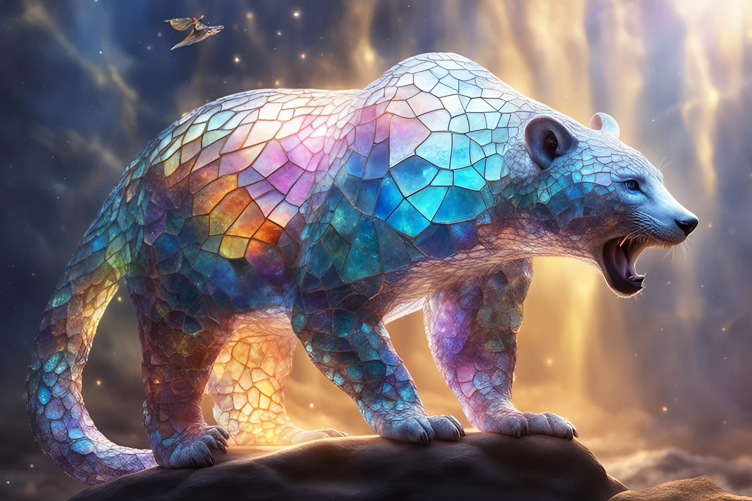 虹色のガラスの白熊＆かっこいい神聖な聖獣と黄金の木々のリアルな3Dイラスト画像素材