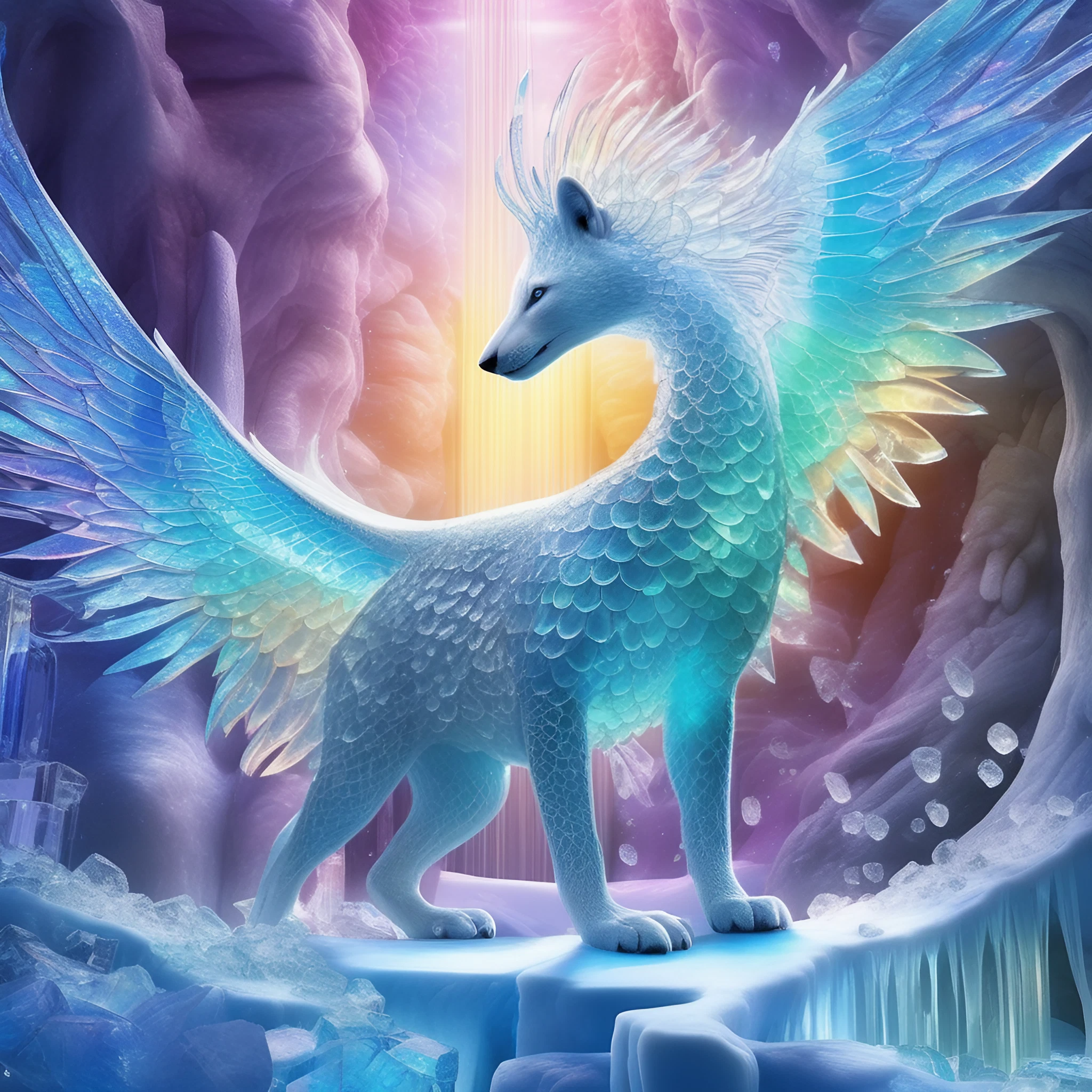 虹色の翼と白い狐の神秘的な聖獣＆オーロラと氷の世界の無料リアルイラスト3D画像素材