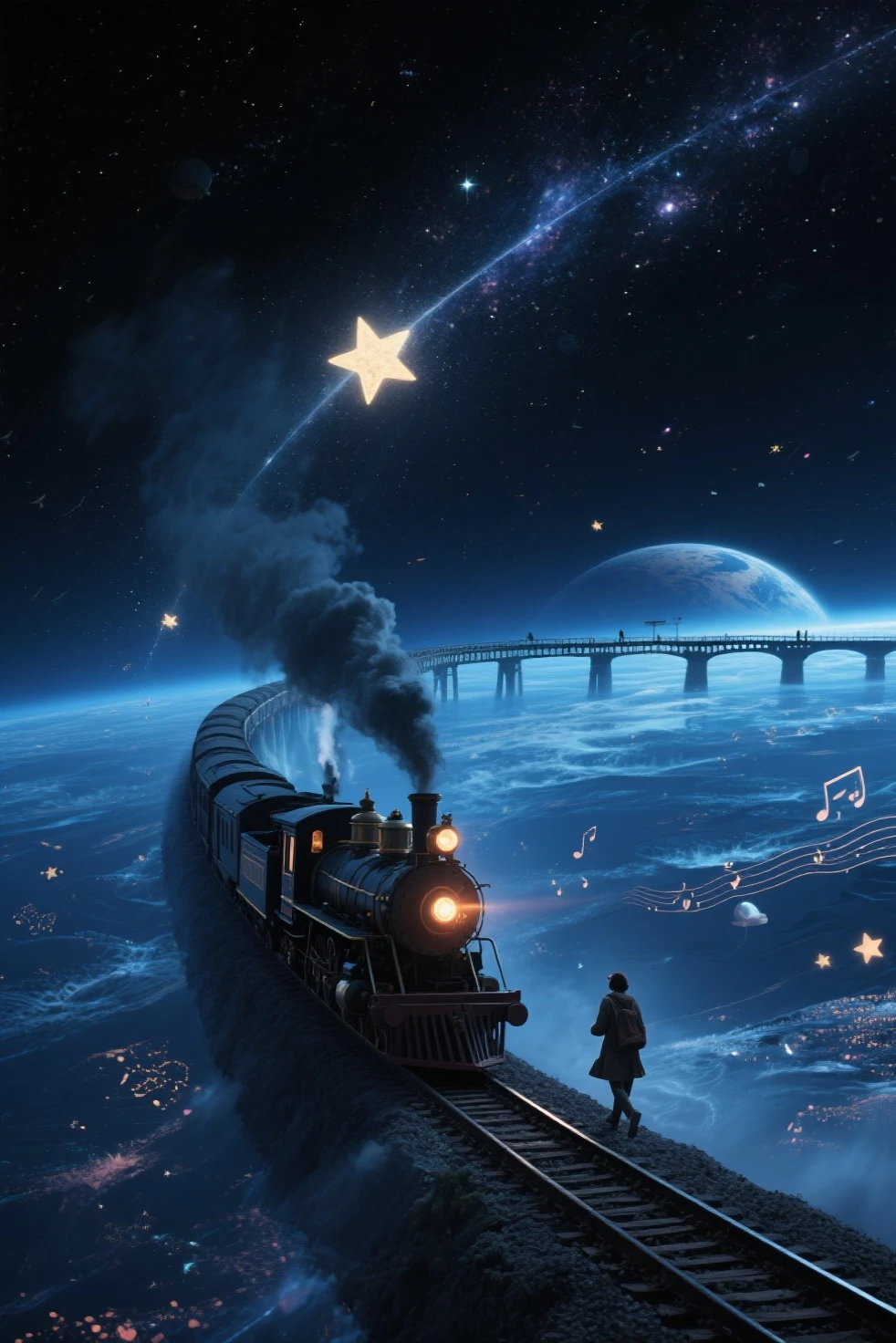 銀河鉄道と星々と旅人の幻想的で癒されるスマホ壁紙画像背景素材
