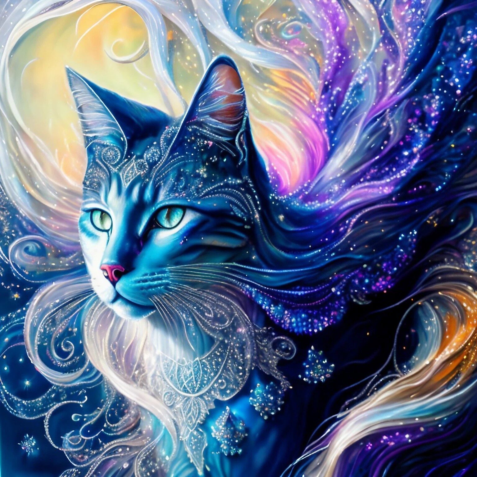 銀と虹色に輝く神秘的な白猫＆精霊風の生き物の無料イラスト画像素材