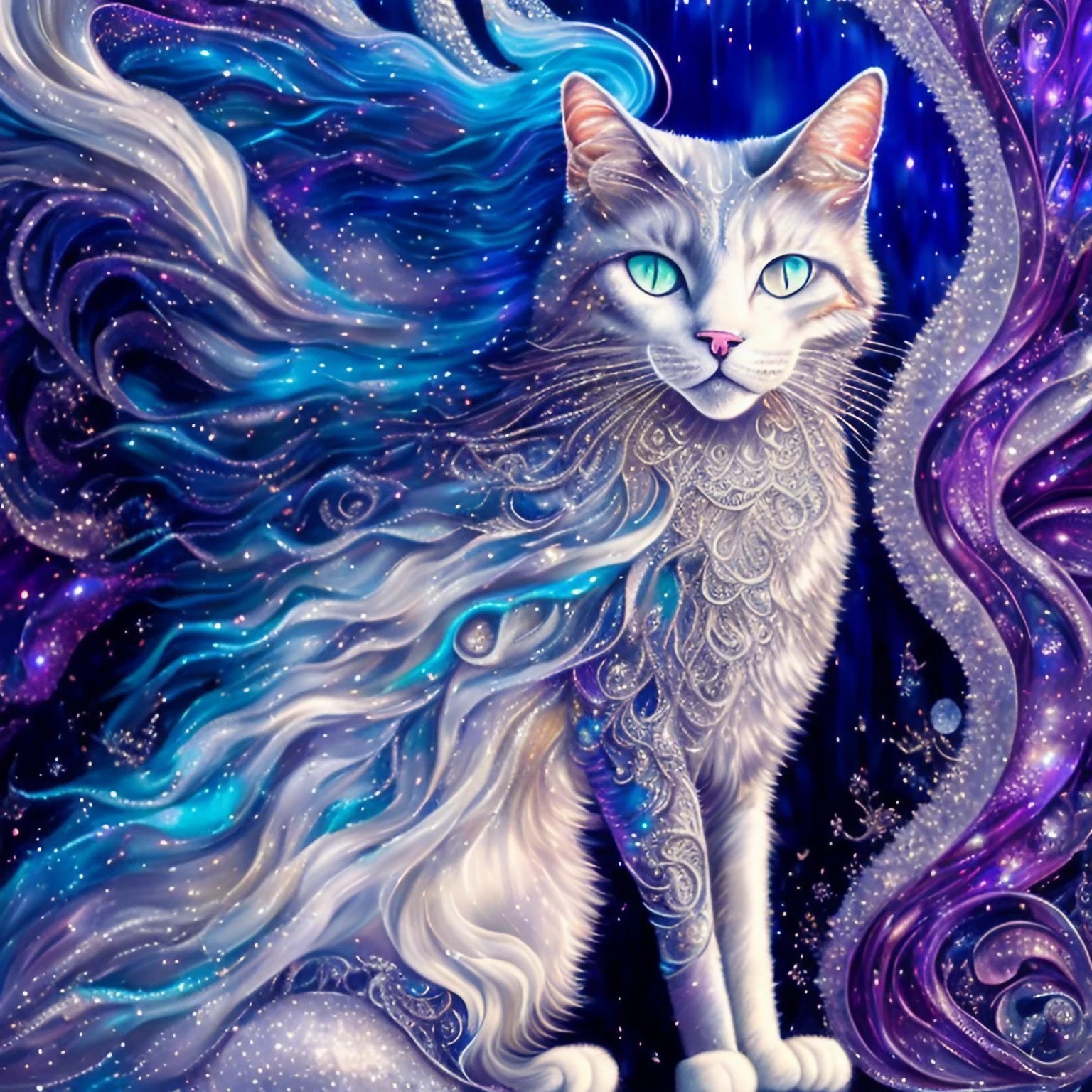 神秘的でかっこいい白猫＆緻密な虹色模様の輝きのフリーイラスト画像素材
