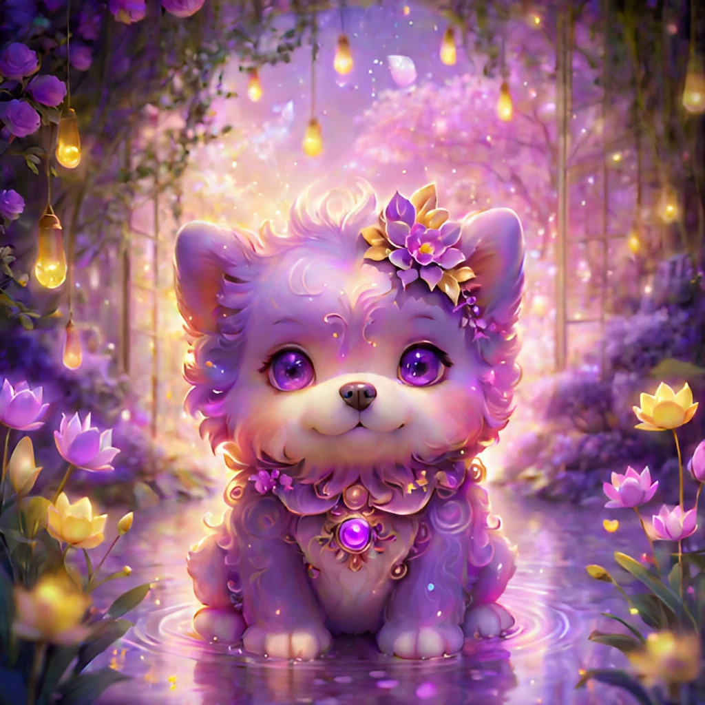 かわいいピンクのぬいぐるみ風の子犬＆幻想的な乙女な花畑のファンタジー無料リアルイラスト画像素材