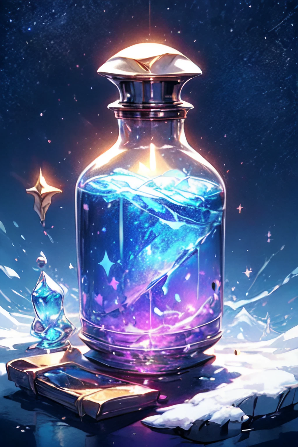 かっこいい虹色とオーロラ色の魔法のグラス瓶＆ファンタジーアニメ風のリアル無料画像素材