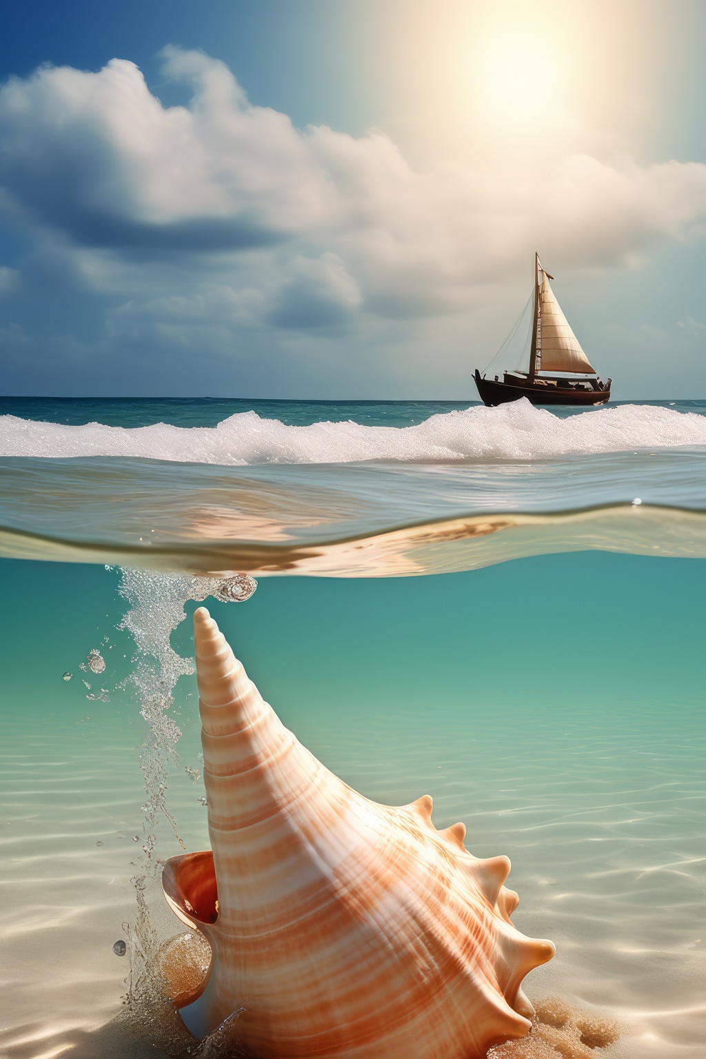 南国の綺麗な海に沈む小さな巻貝＆海中から見える青い空と小舟の写真風な無料画像素材