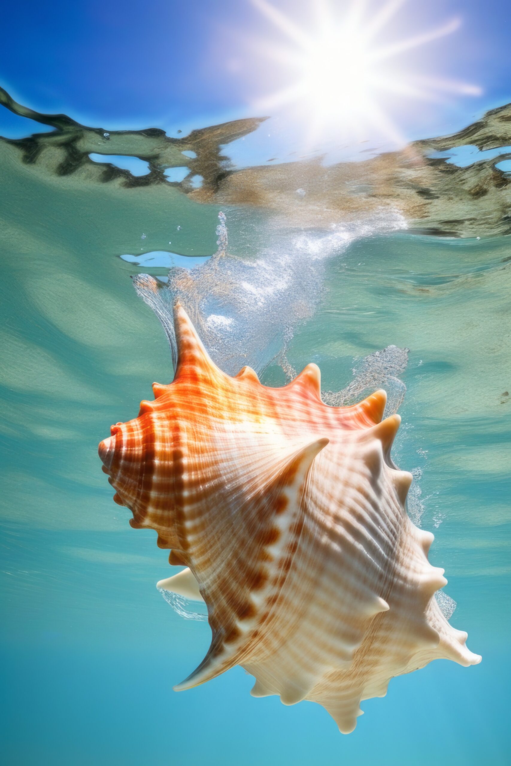 綺麗な海中に沈む貝殻＆海中から見上げる青い空の無料リアル写真風画像素材
