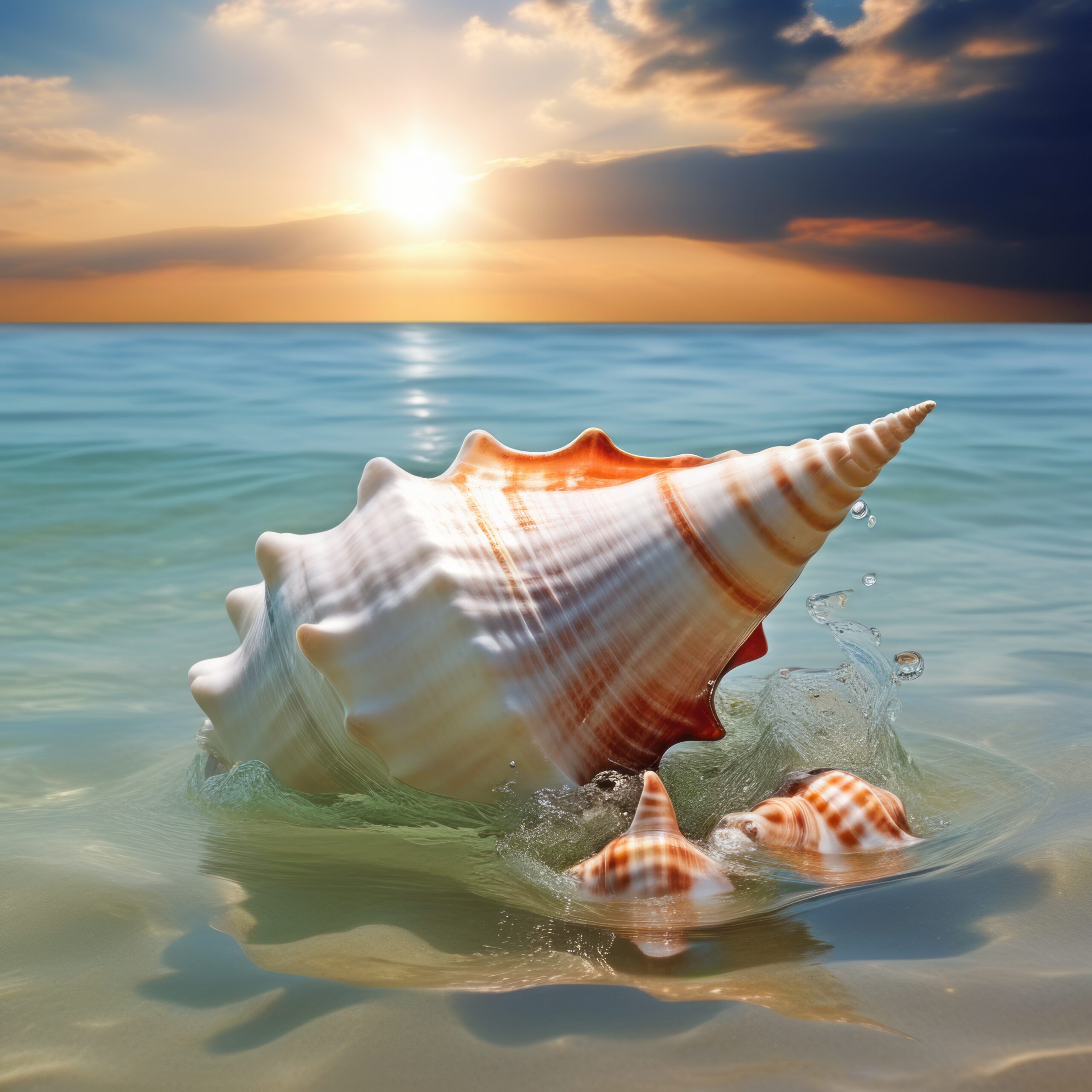 美しい南国のブルー海と貝殻＆夕日に輝く水面の幻想的な風景の無料写真風画像素材