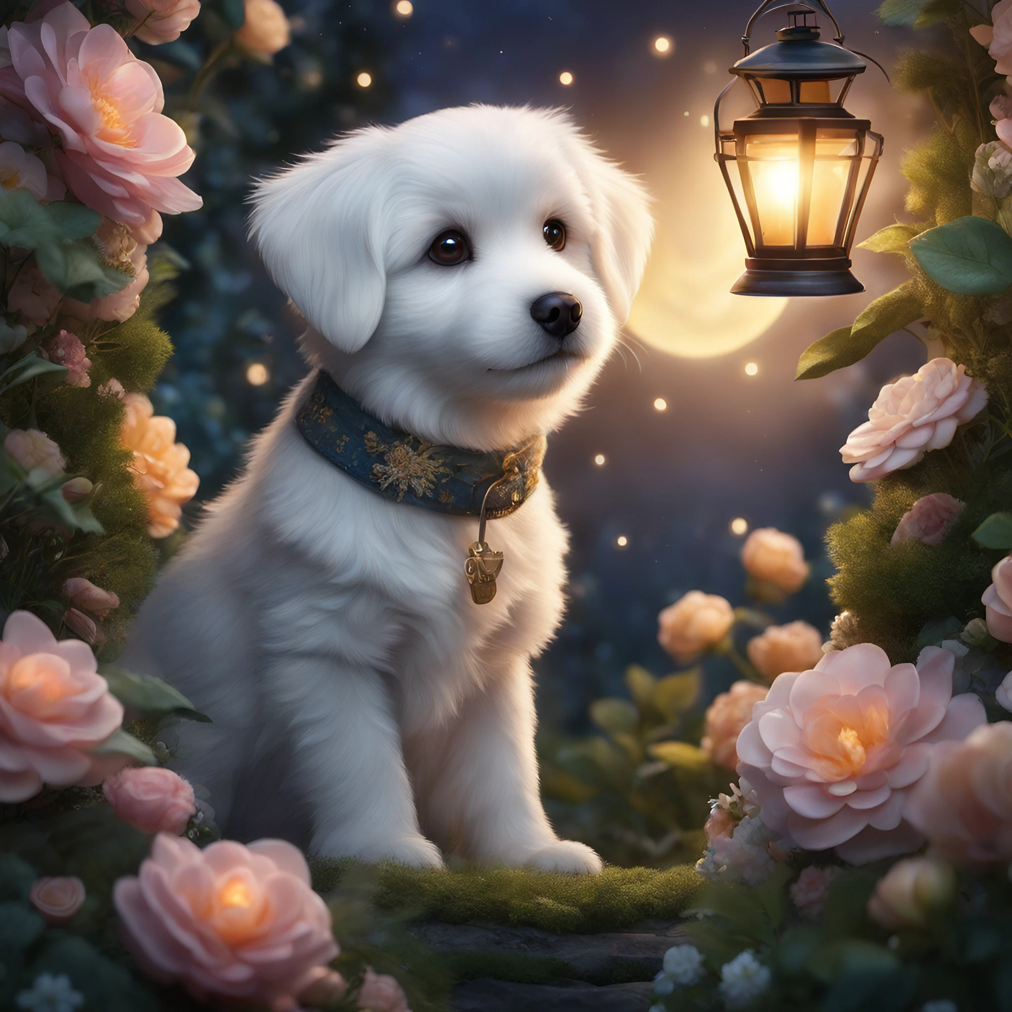 かわいい子犬と幻想的な花園＆綺麗な夜空の月とランプの光の無料イラスト画像素材