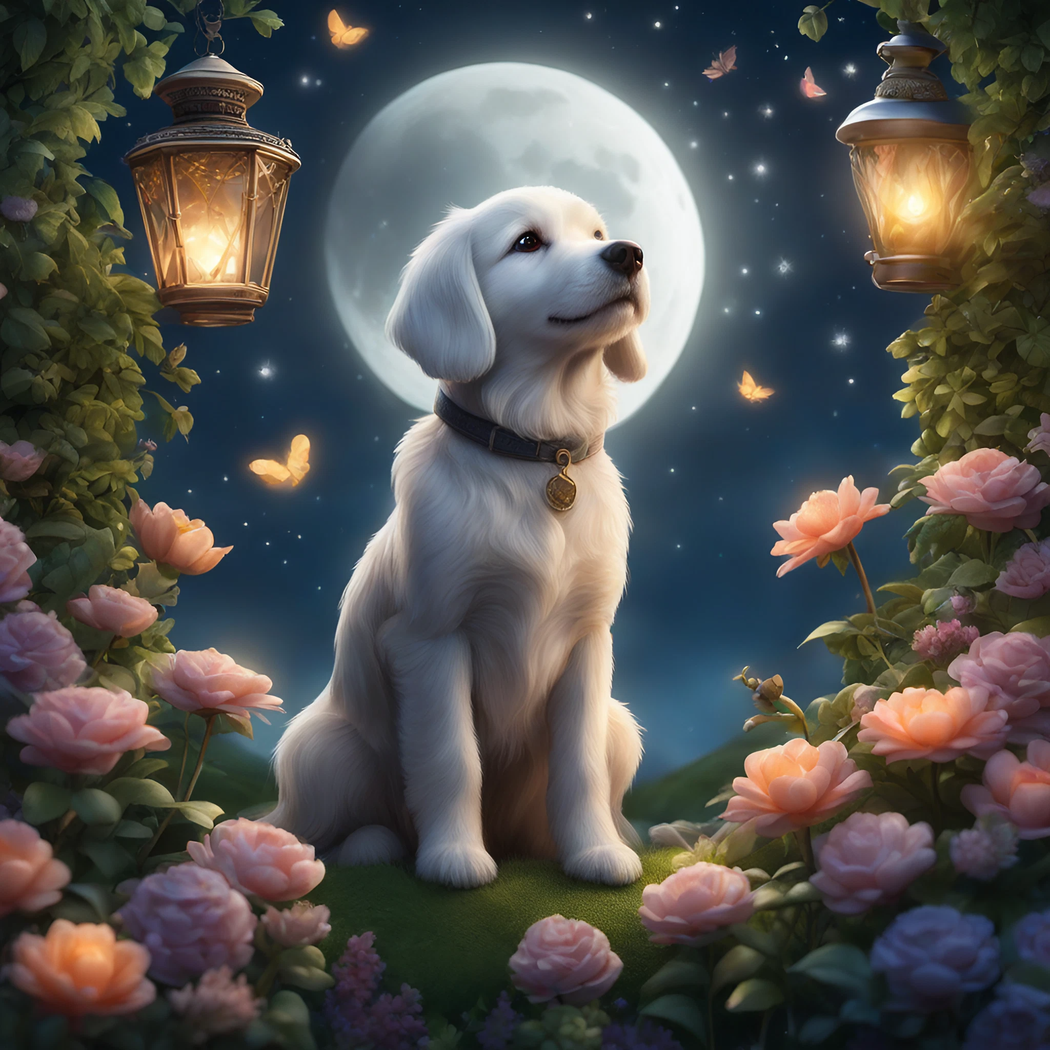 夜空を眺める白い子犬＆美しい月と幻想的な花園とランプの無料画像素材