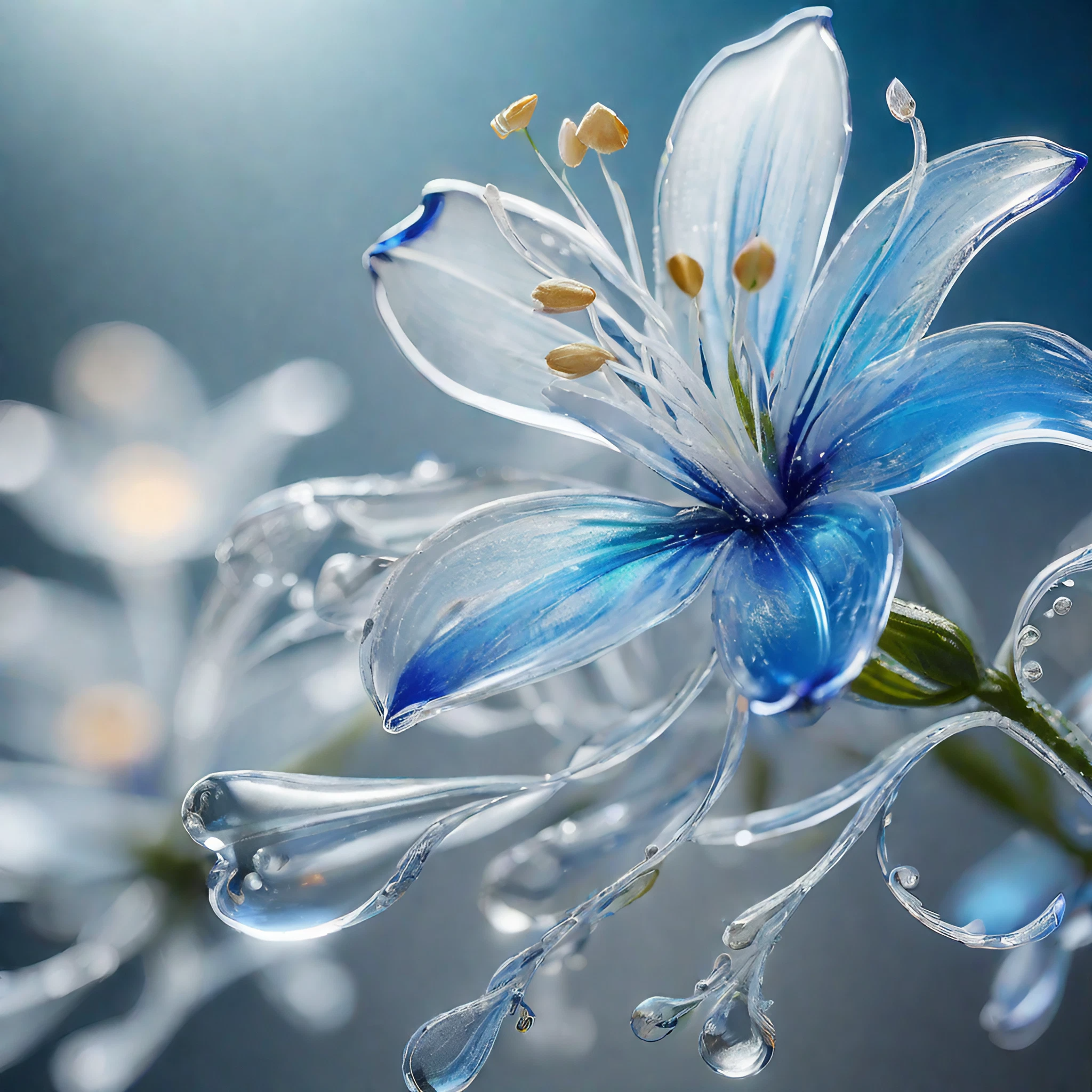 癒しのガラスの青と黄色の花＆綺麗に光り輝く水滴の無料壁紙画像素材