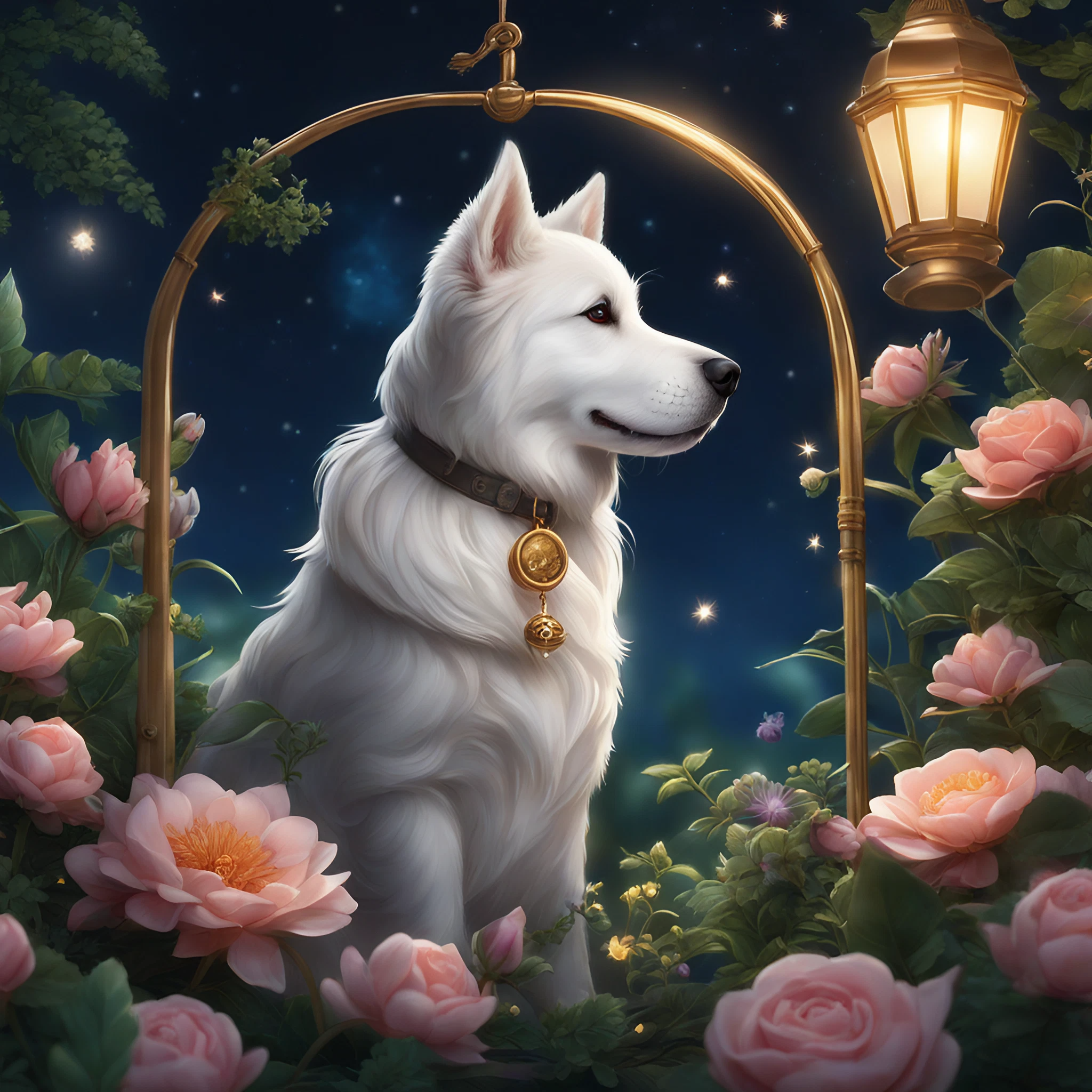 美しい夜空とかっこいい毛並みと白い犬と綺麗な花園と幻想的なランプのリアルなフリーイラスト画像素材